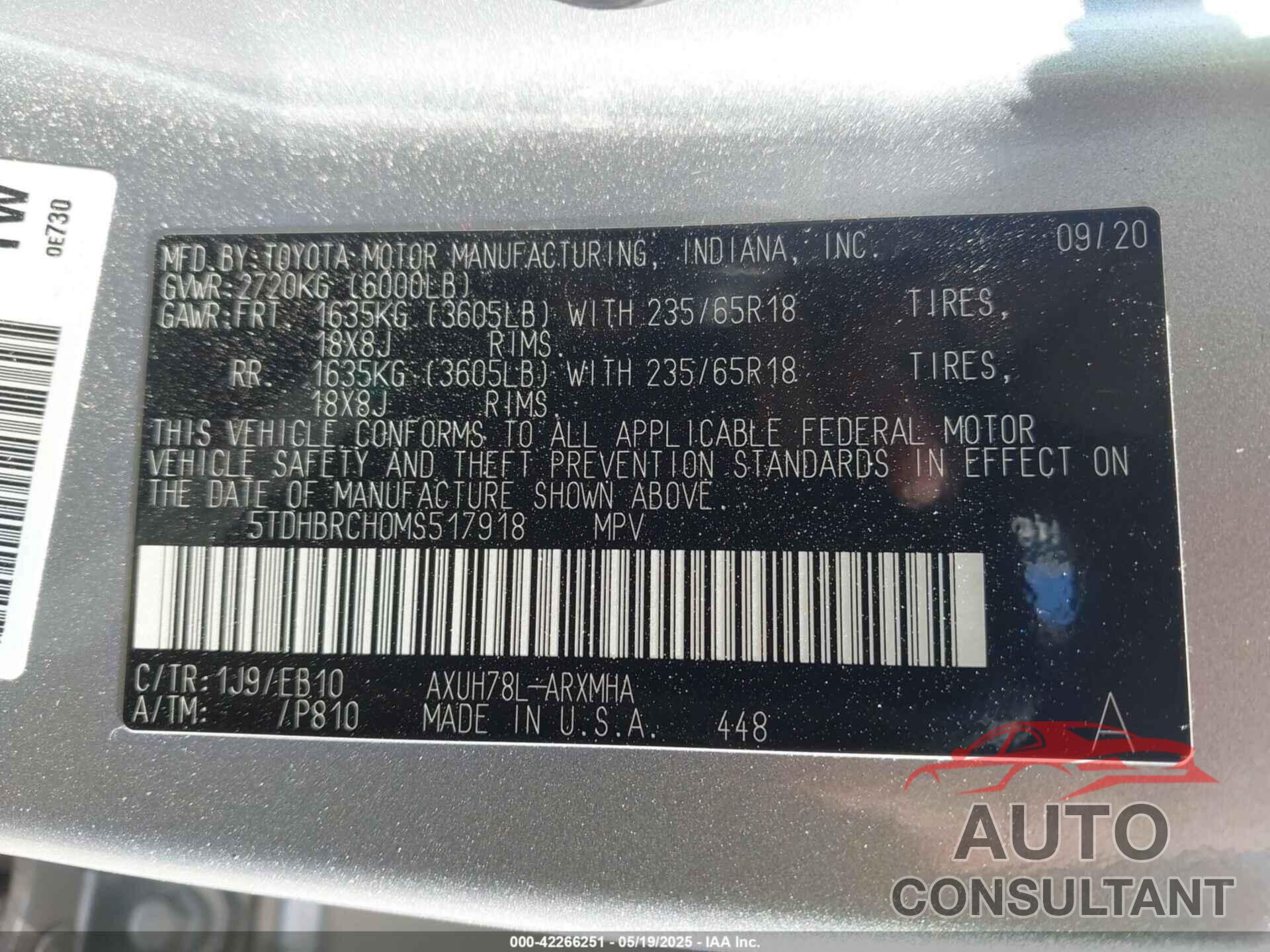 TOYOTA HIGHLANDER 2021 - 5TDHBRCH0MS517918