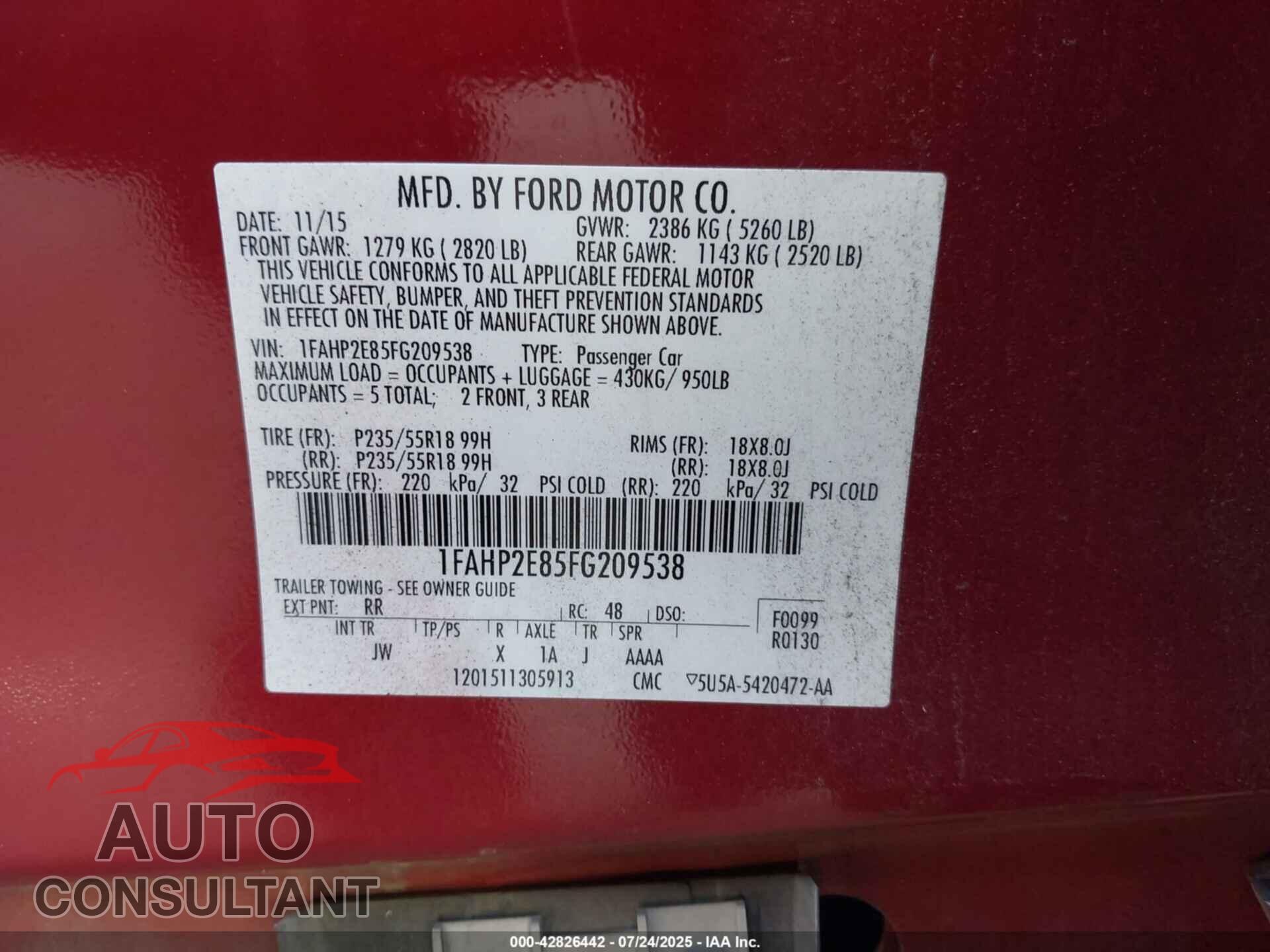 FORD TAURUS 2015 - 1FAHP2E85FG209538