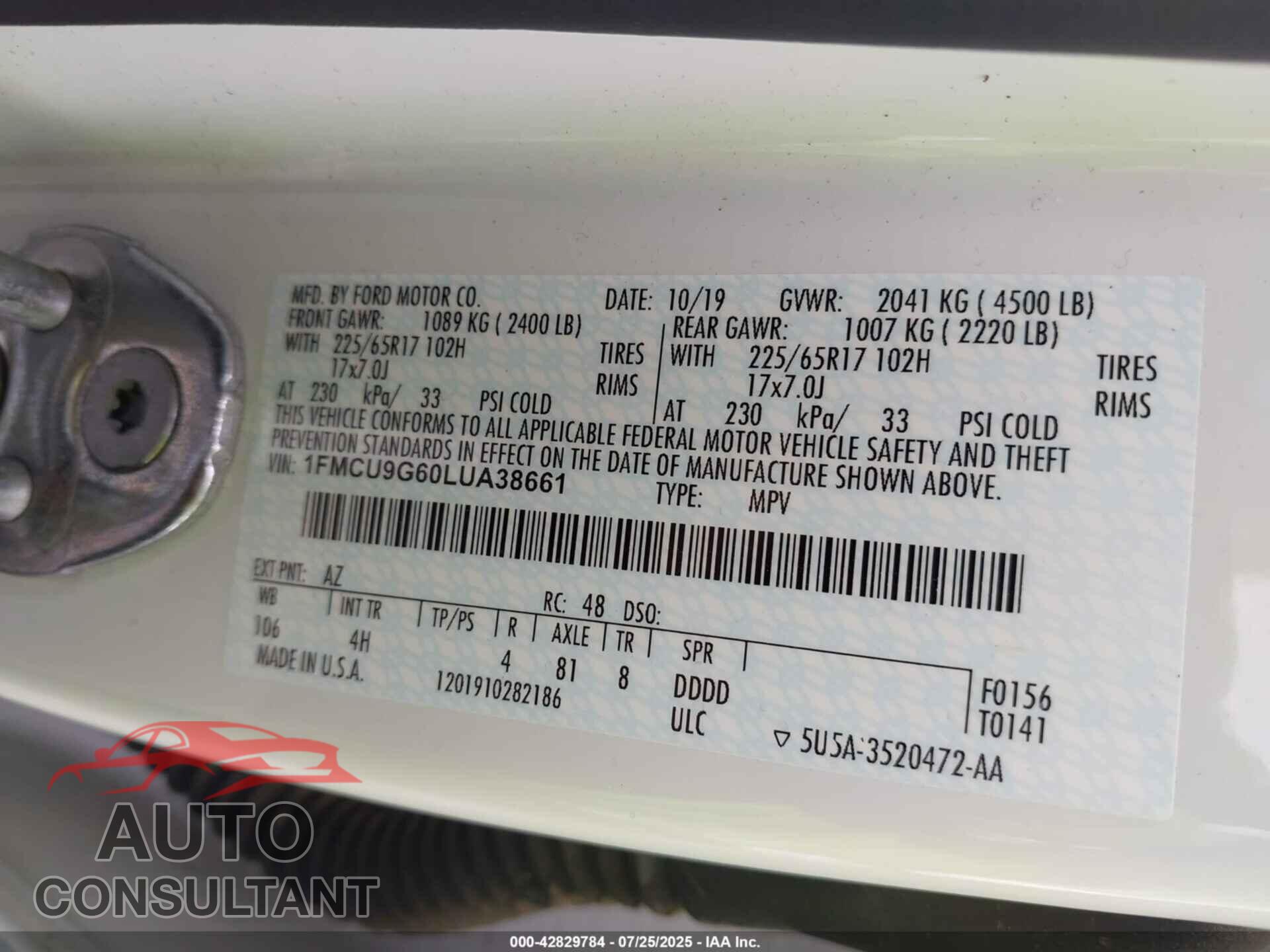 FORD ESCAPE 2020 - 1FMCU9G60LUA38661