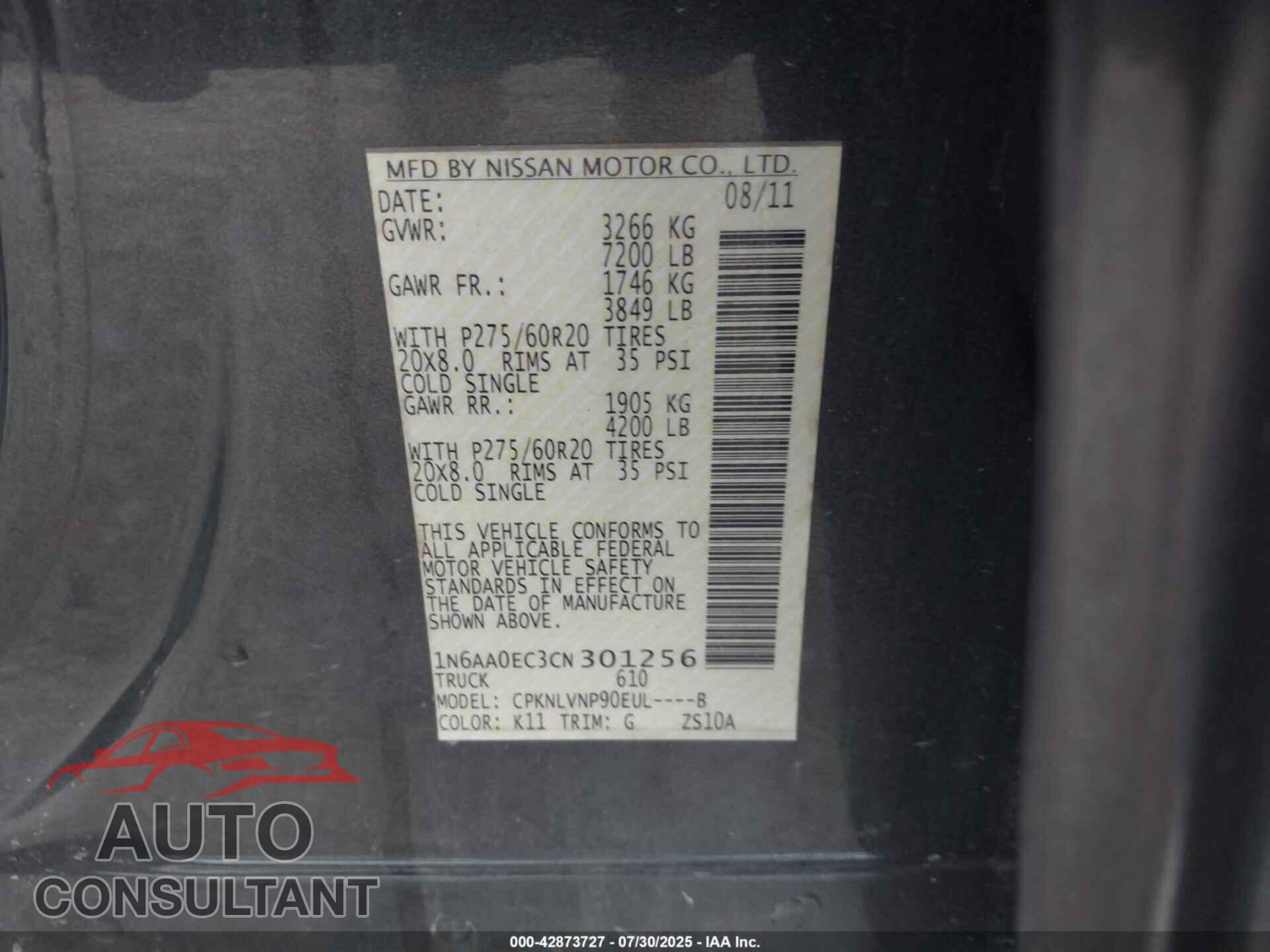 NISSAN TITAN 2012 - 1N6AA0EC3CN301256
