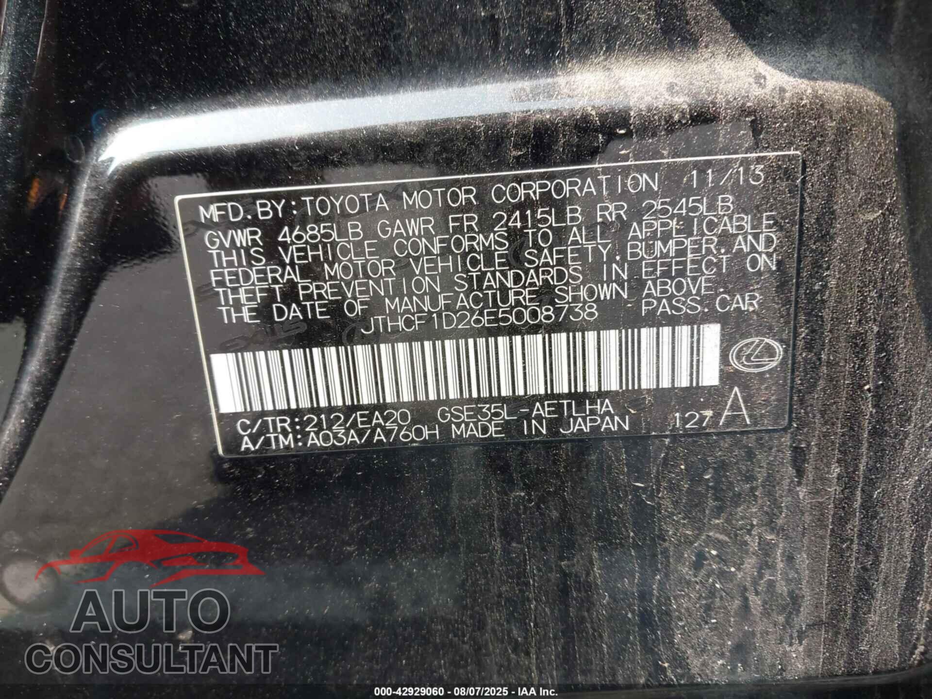 LEXUS IS 250 2014 - JTHCF1D26E5008738