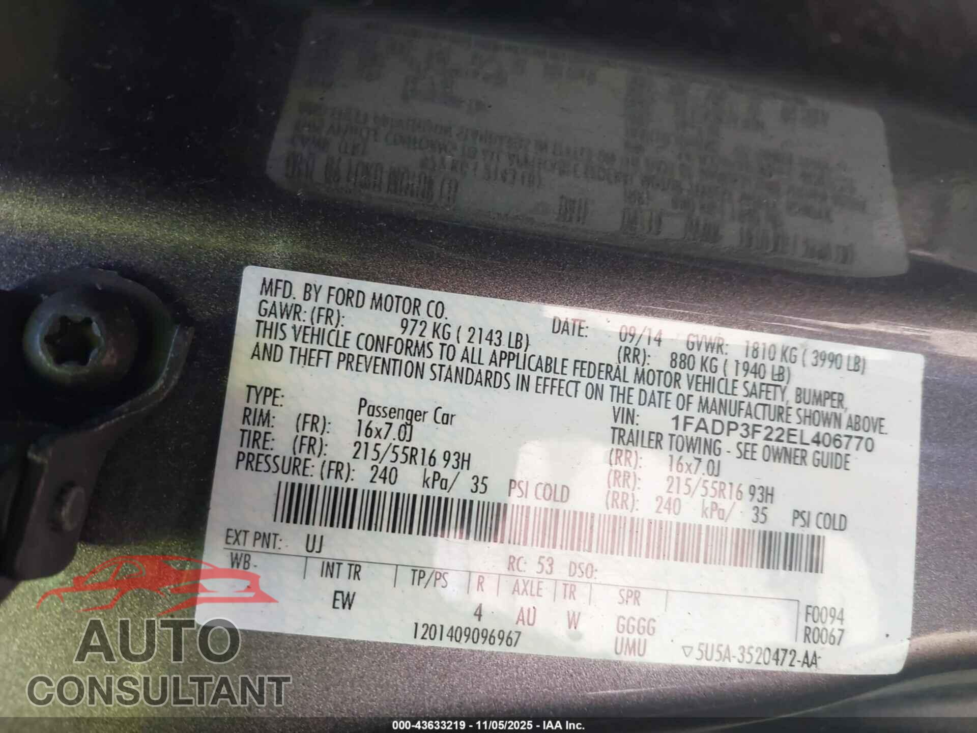 FORD FOCUS 2014 - 1FADP3F22EL406770