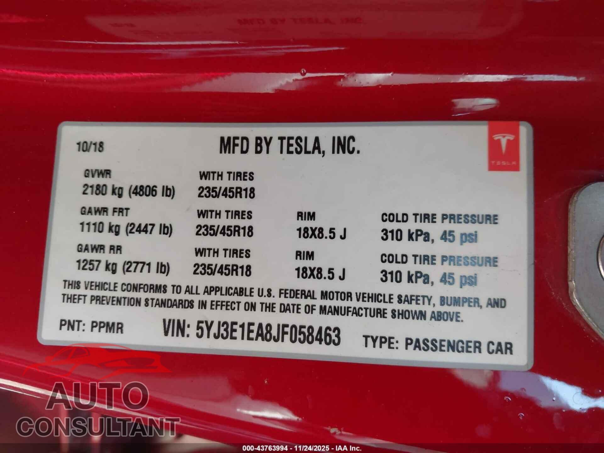 TESLA MODEL 3 2018 - 5YJ3E1EA8JF058463