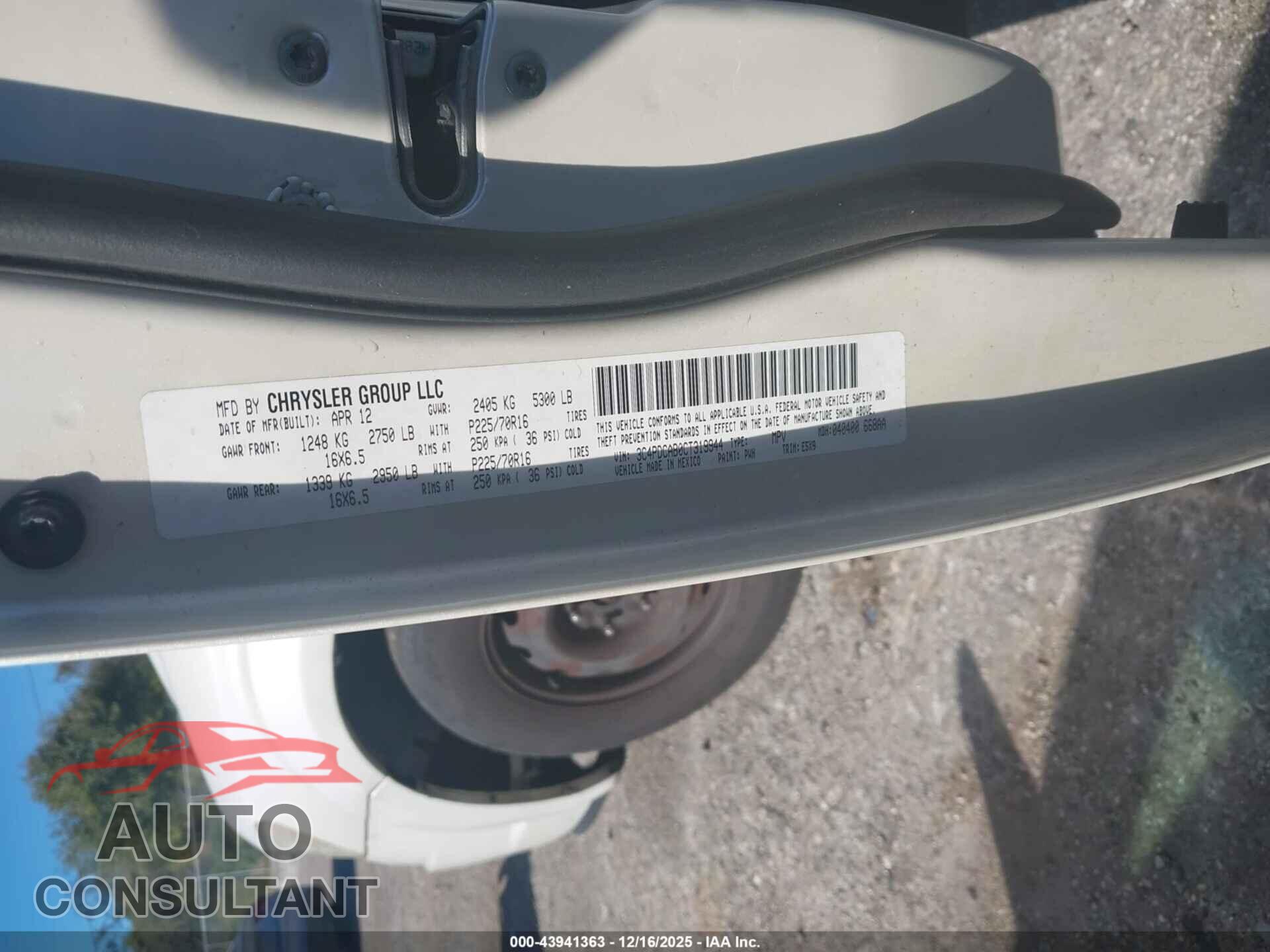 DODGE JOURNEY 2012 - 3C4PDCAB0CT319944