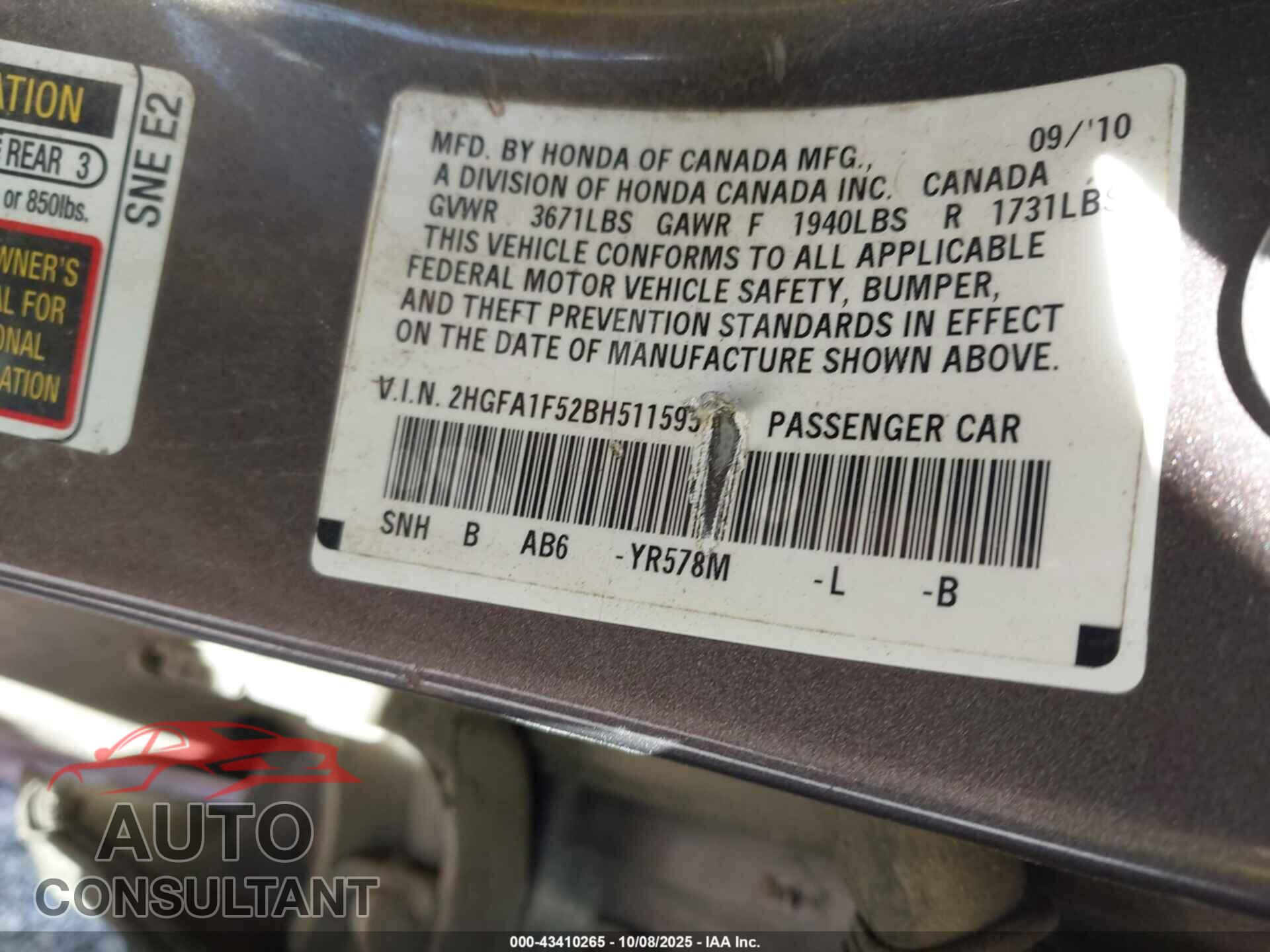 HONDA CIVIC 2011 - 2HGFA1F52BH511595