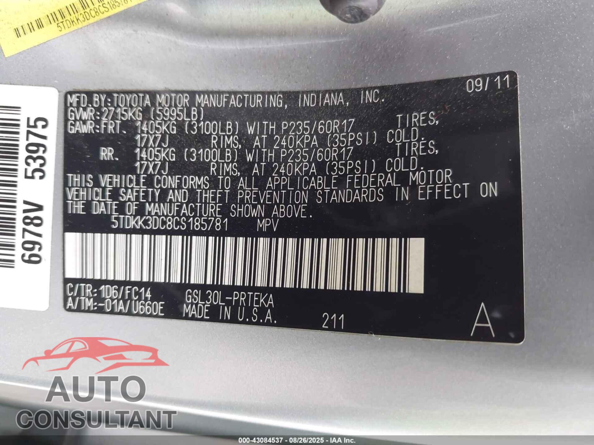 TOYOTA SIENNA 2012 - 5TDKK3DC8CS185781