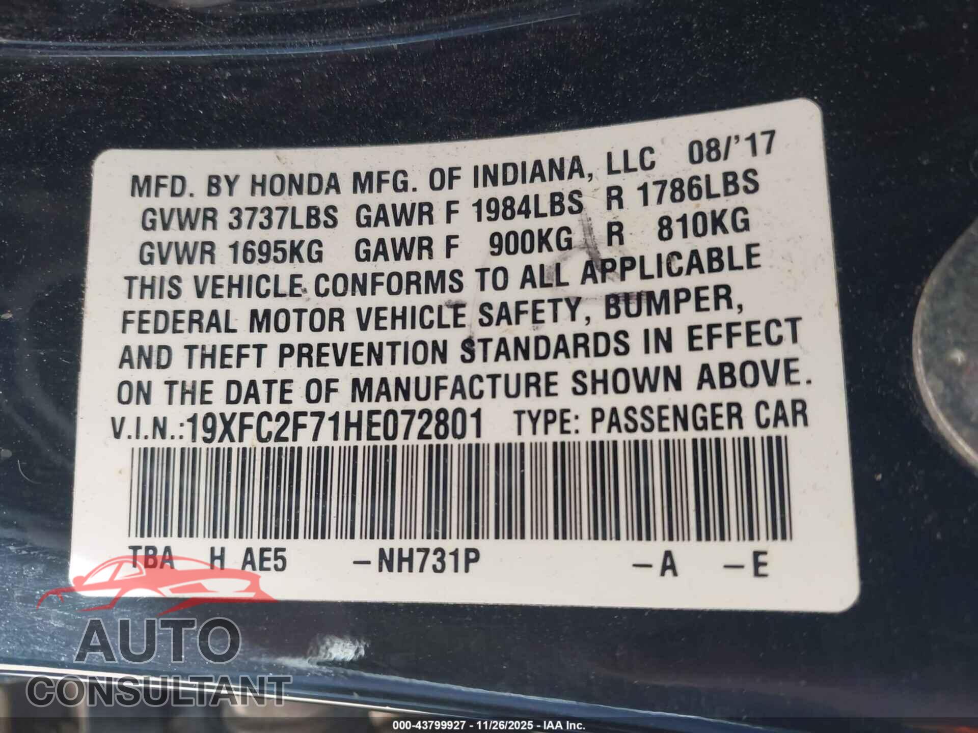 HONDA CIVIC 2017 - 19XFC2F71HE072801