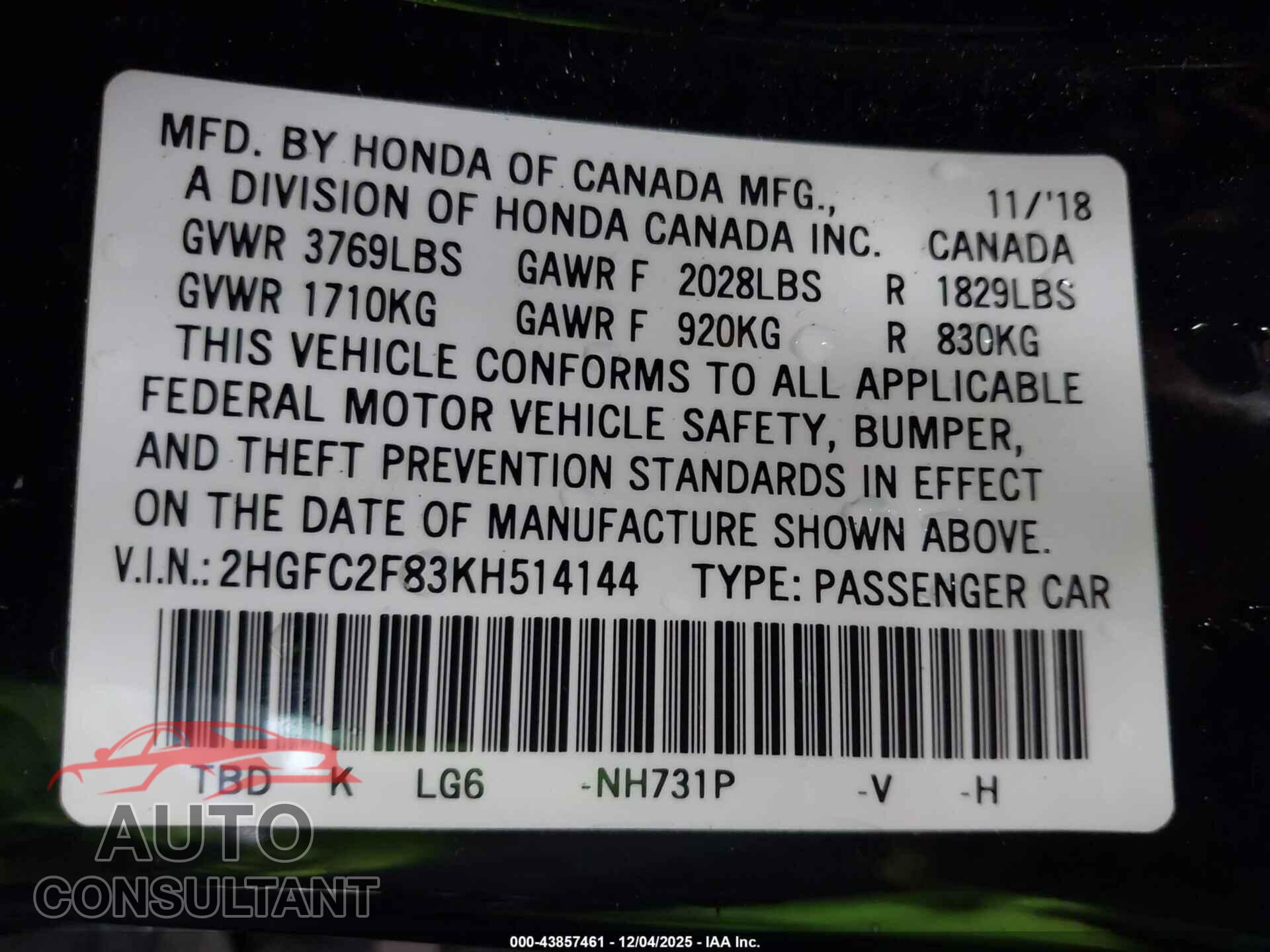 HONDA CIVIC 2019 - 2HGFC2F83KH514144