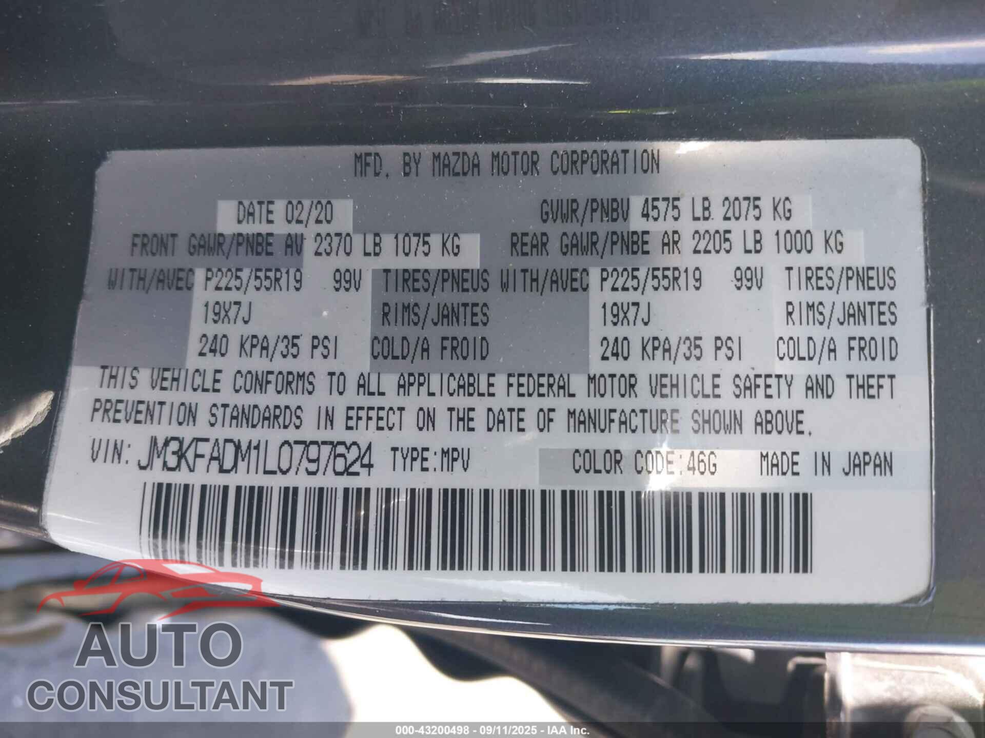 MAZDA CX-5 2020 - JM3KFADM1L0797624