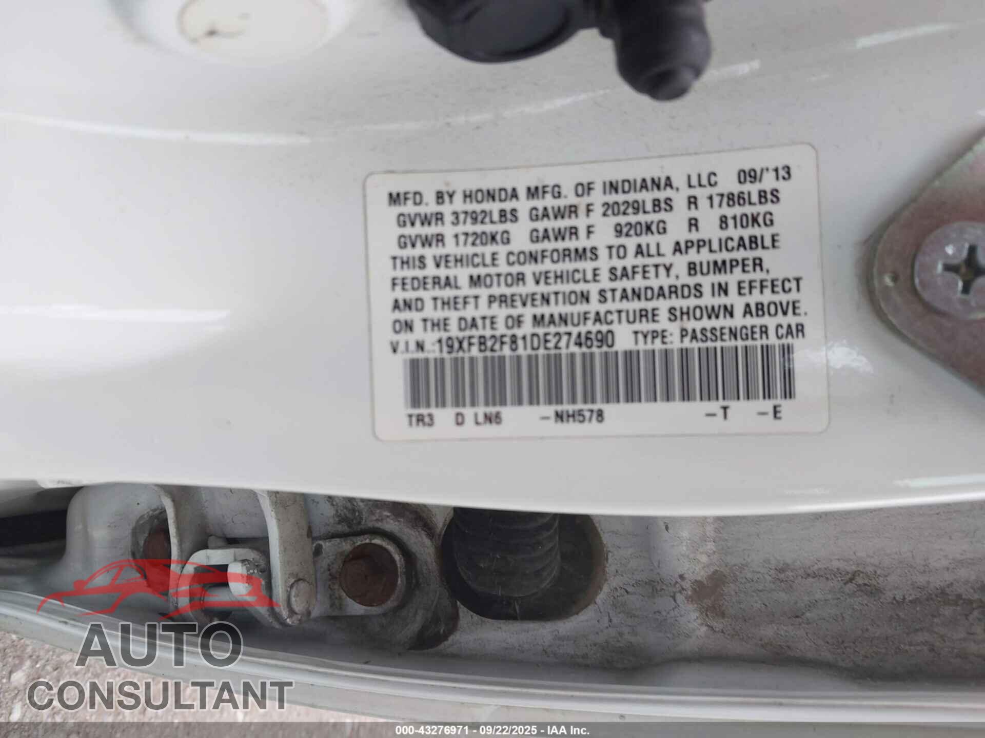 HONDA CIVIC 2013 - 19XFB2F81DE274690