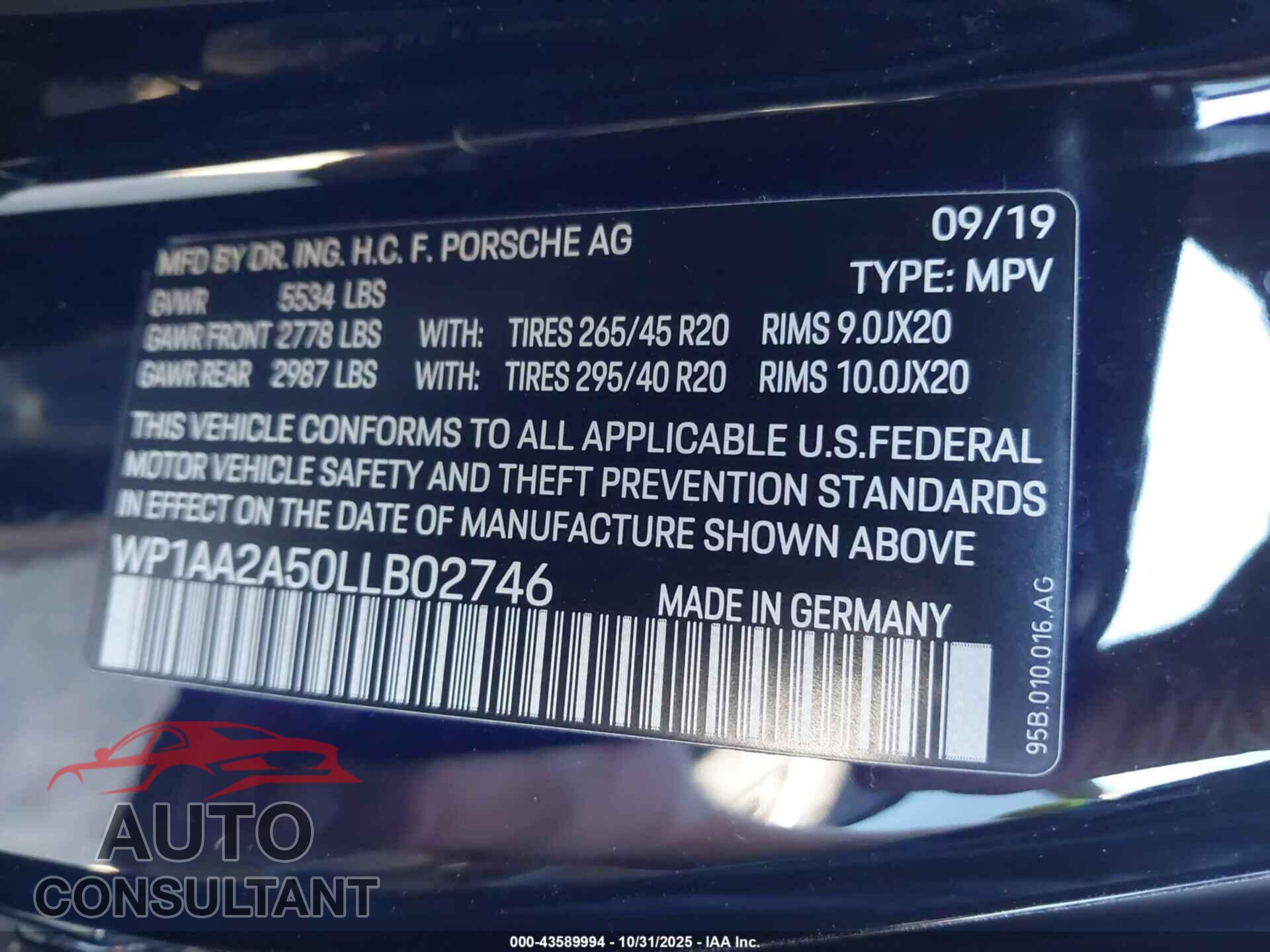 PORSCHE MACAN 2020 - WP1AA2A50LLB02746