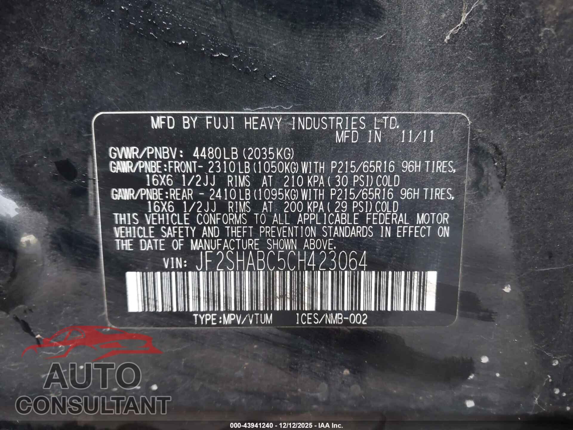 SUBARU FORESTER 2012 - JF2SHABC5CH423064