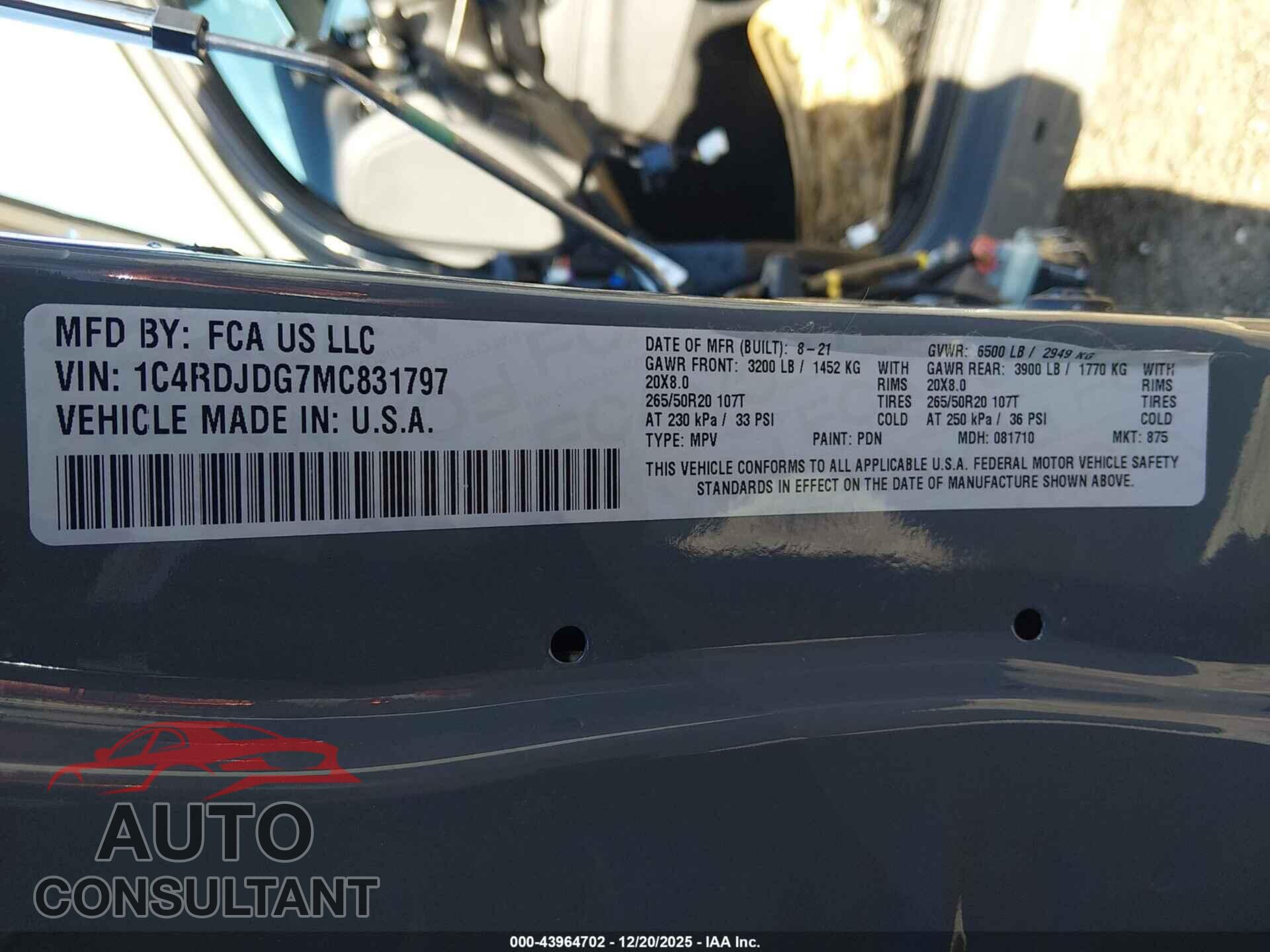 DODGE DURANGO 2021 - 1C4RDJDG7MC831797