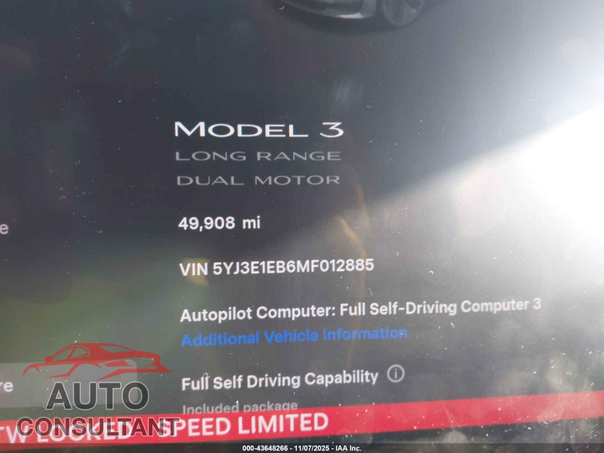 TESLA MODEL 3 2021 - 5YJ3E1EB6MF012885