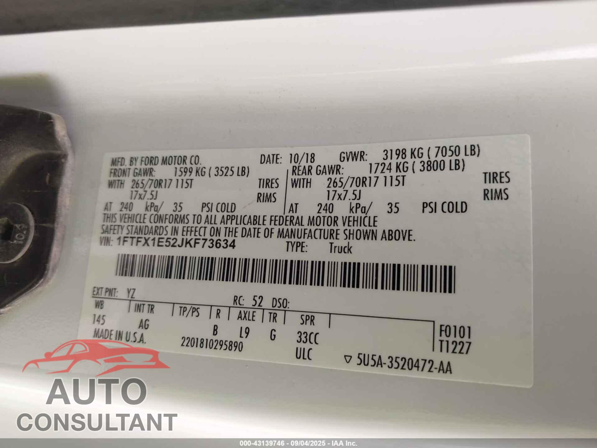 FORD F-150 2018 - 1FTFX1E52JKF73634