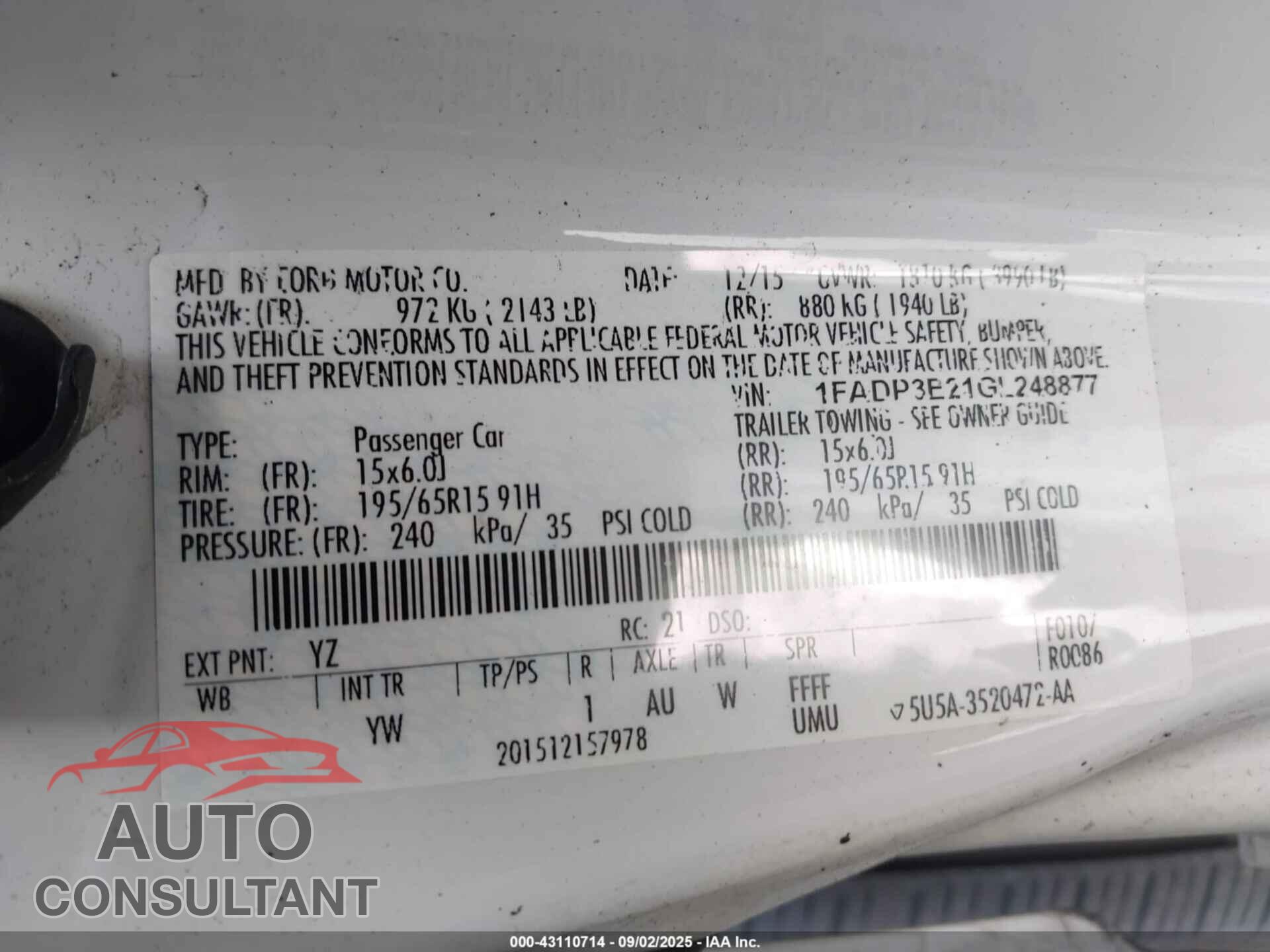 FORD FOCUS 2016 - 1FADP3E21GL248877