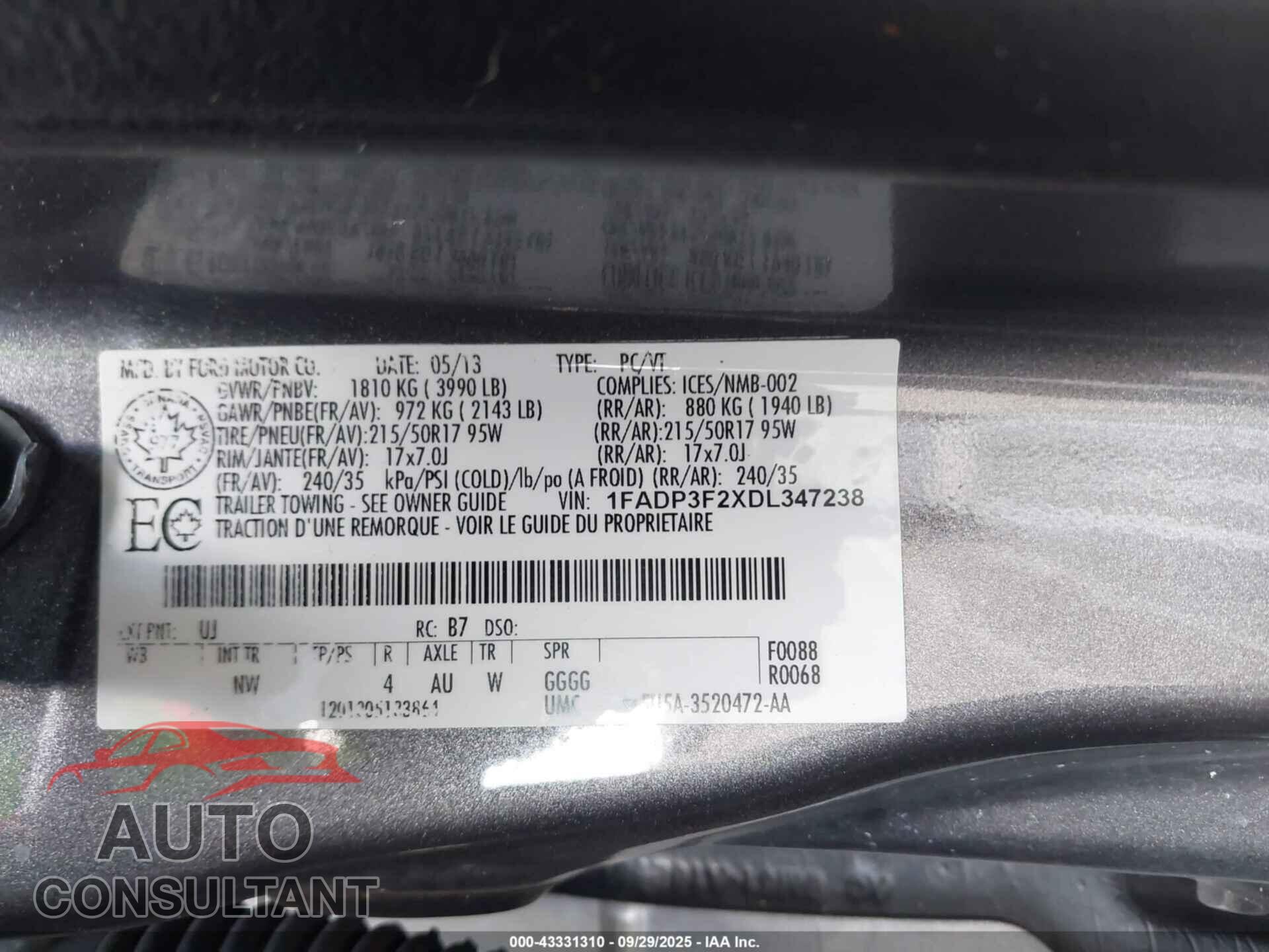 FORD FOCUS 2013 - 1FADP3F2XDL347238