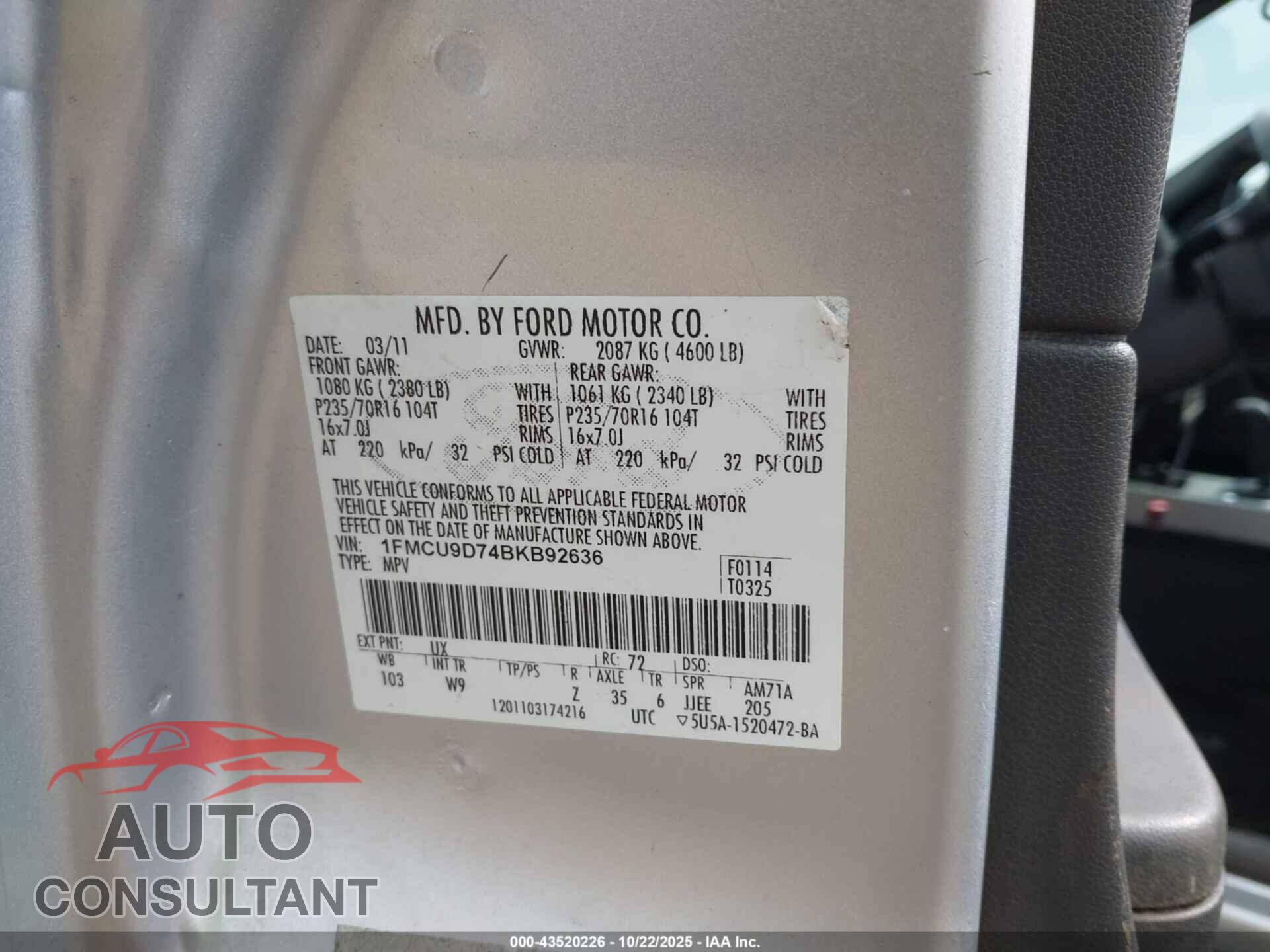 FORD ESCAPE 2011 - 1FMCU9D74BKB92636