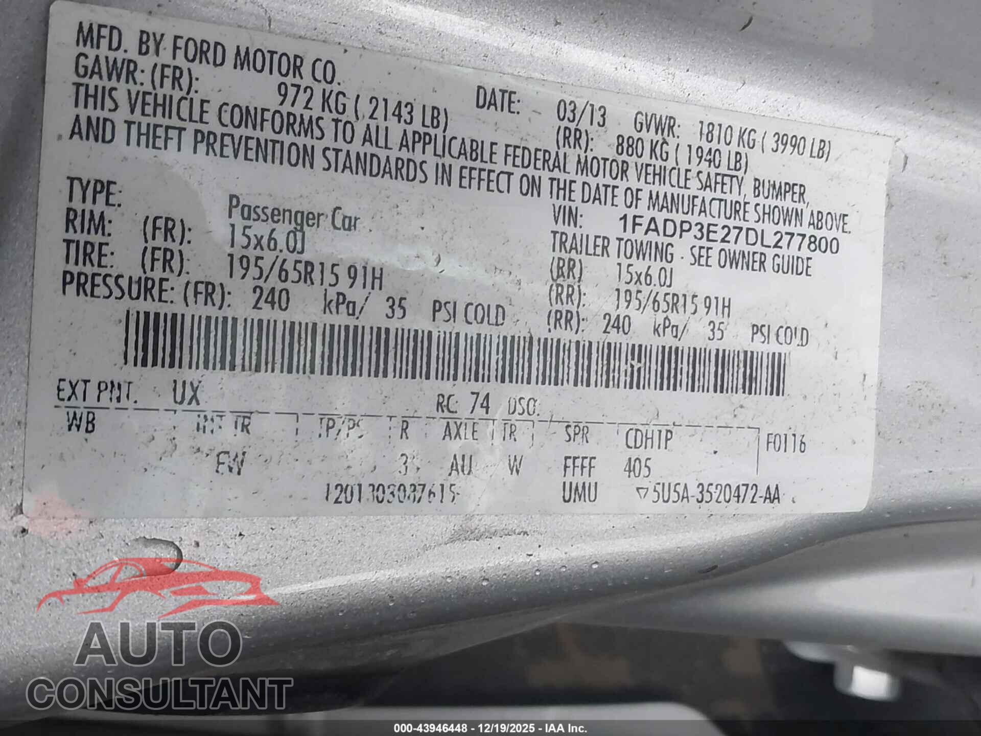 FORD FOCUS 2013 - 1FADP3E27DL277800