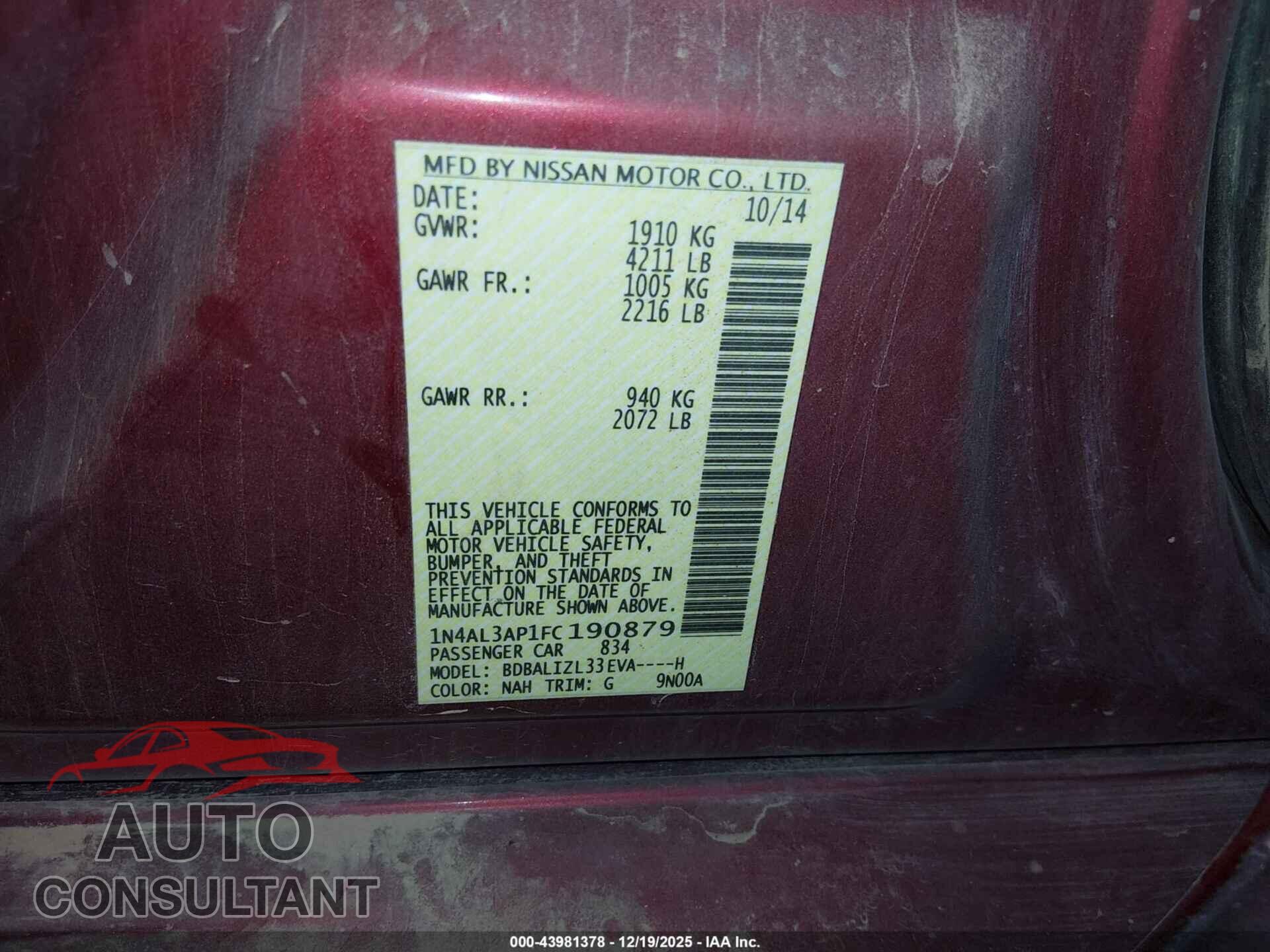 NISSAN ALTIMA 2015 - 1N4AL3AP1FC190879