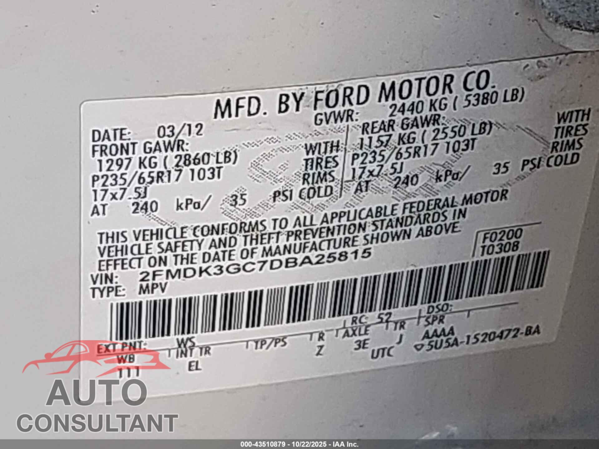 FORD EDGE 2013 - 2FMDK3GC7DBA25815