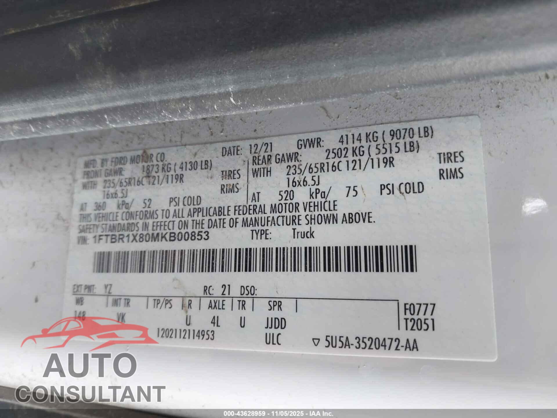 FORD TRANSIT-250 2021 - 1FTBR1X80MKB00853