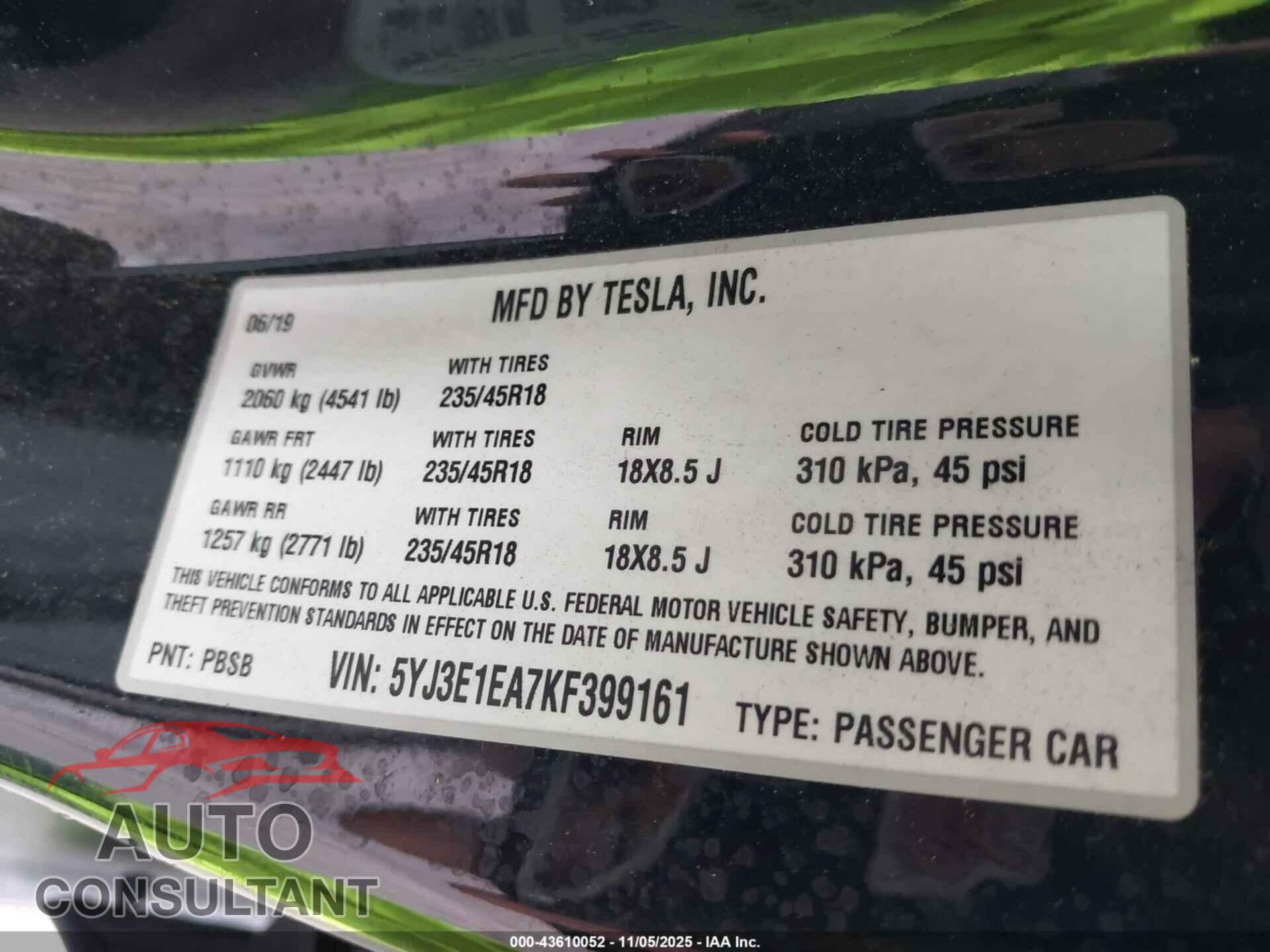 TESLA MODEL 3 2019 - 5YJ3E1EA7KF399161