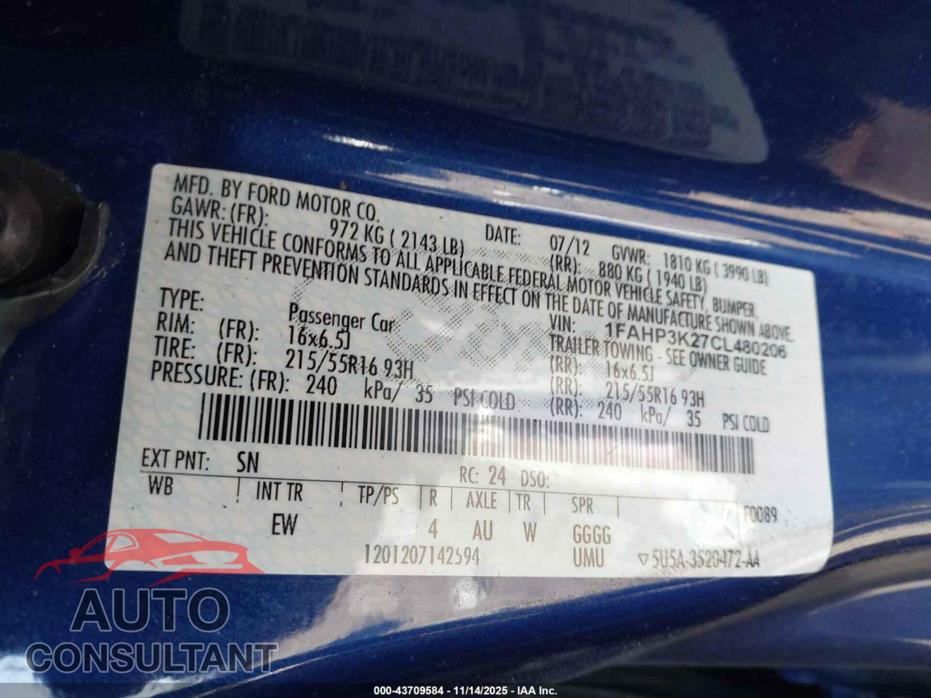 FORD FOCUS 2012 - 1FAHP3K27CL480206