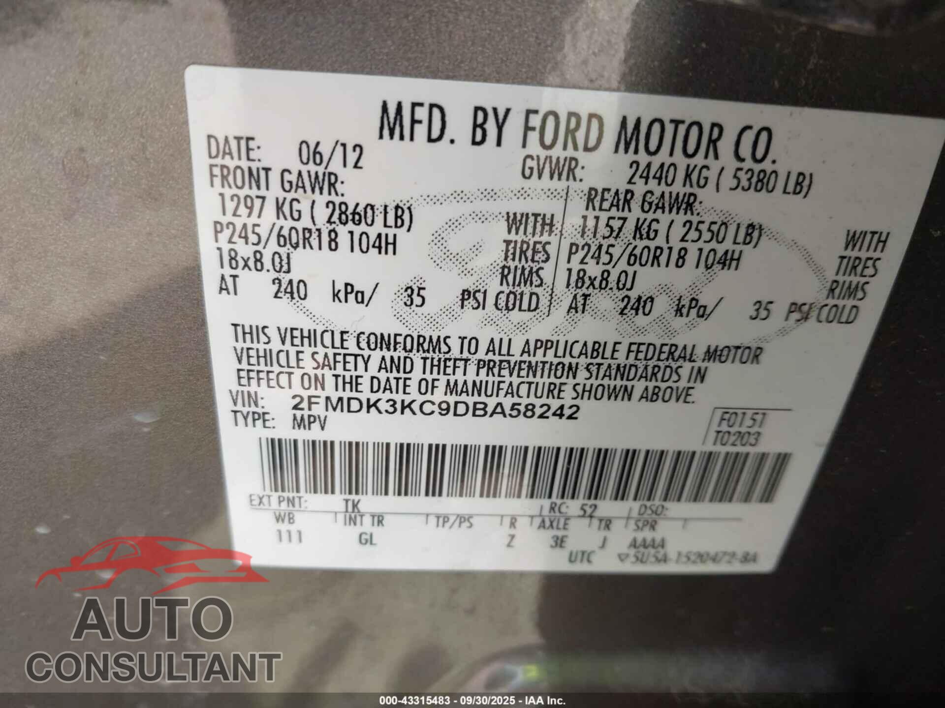 FORD EDGE 2013 - 2FMDK3KC9DBA58242