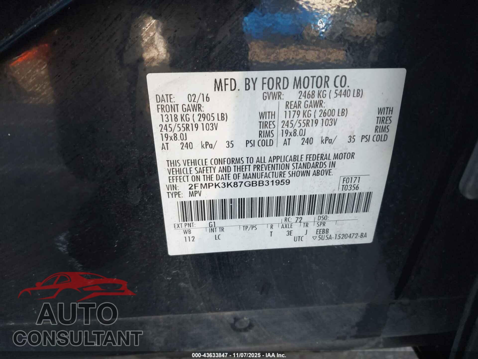 FORD EDGE 2016 - 2FMPK3K87GBB31959