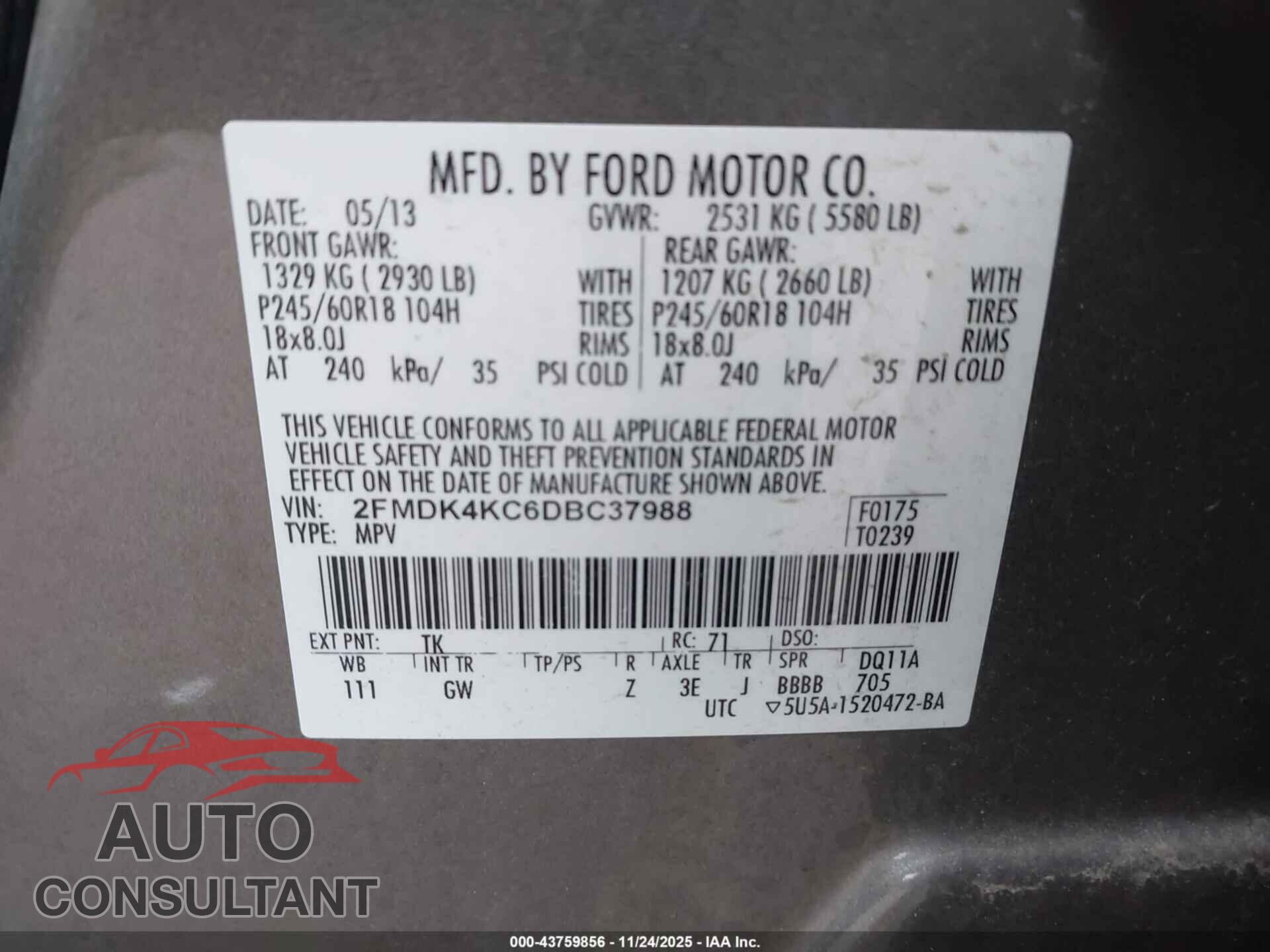 FORD EDGE 2013 - 2FMDK4KC6DBC37988