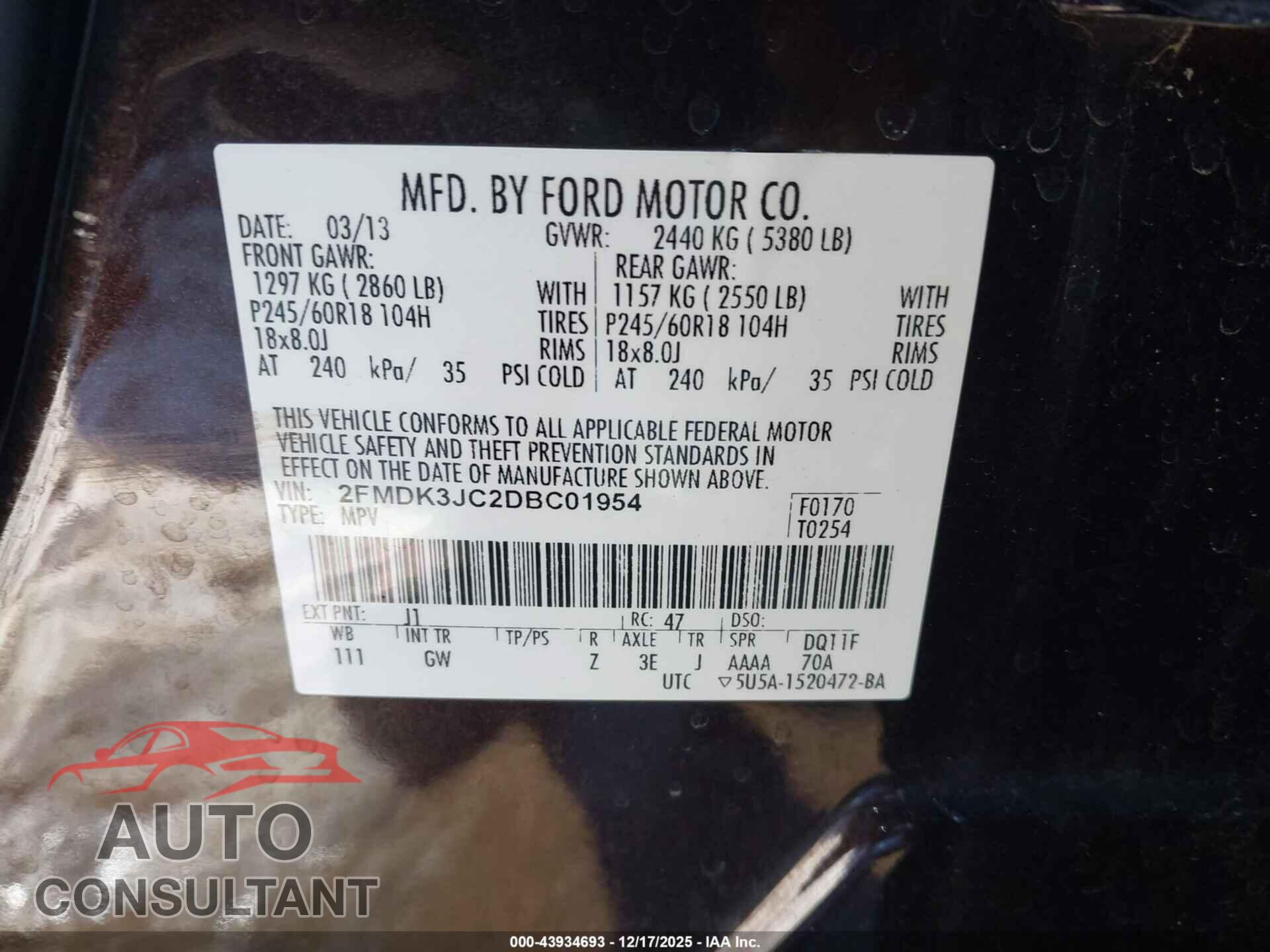 FORD EDGE 2013 - 2FMDK3JC2DBC01954