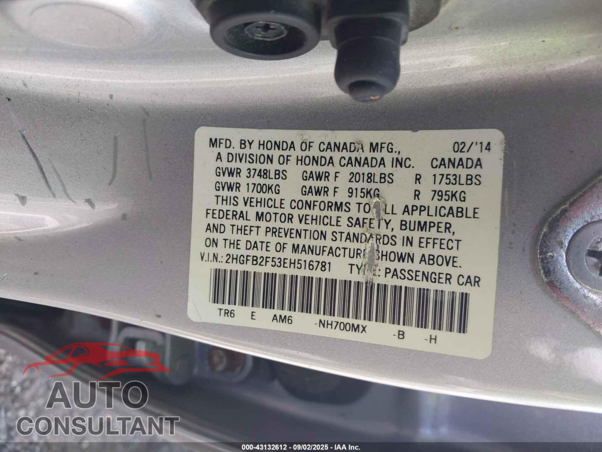 HONDA CIVIC 2014 - 2HGFB2F53EH516781