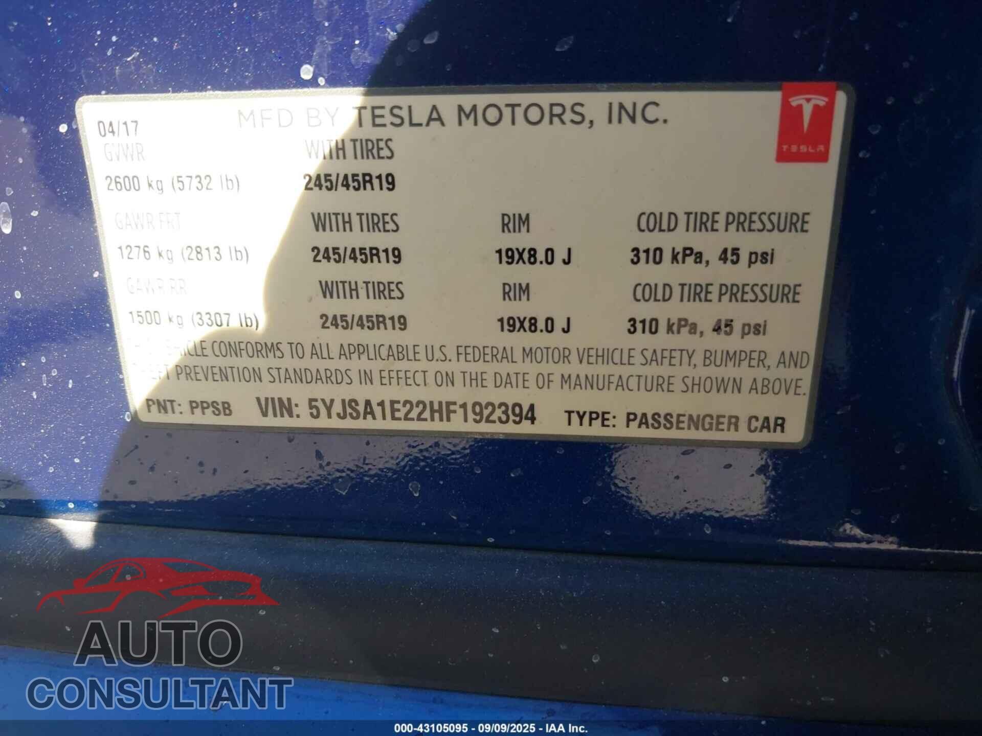 TESLA MODEL S 2017 - 5YJSA1E22HF192394