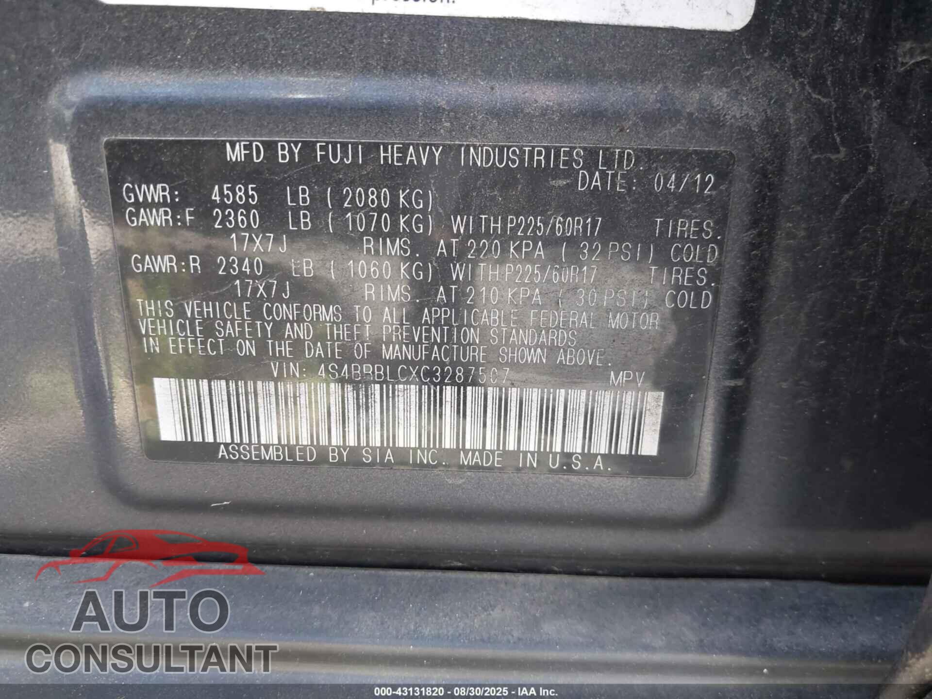 SUBARU OUTBACK 2012 - 4S4BRBLCXC3287507