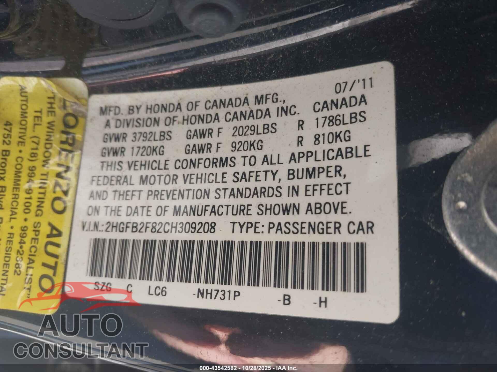 HONDA CIVIC 2012 - 2HGFB2F82CH309208