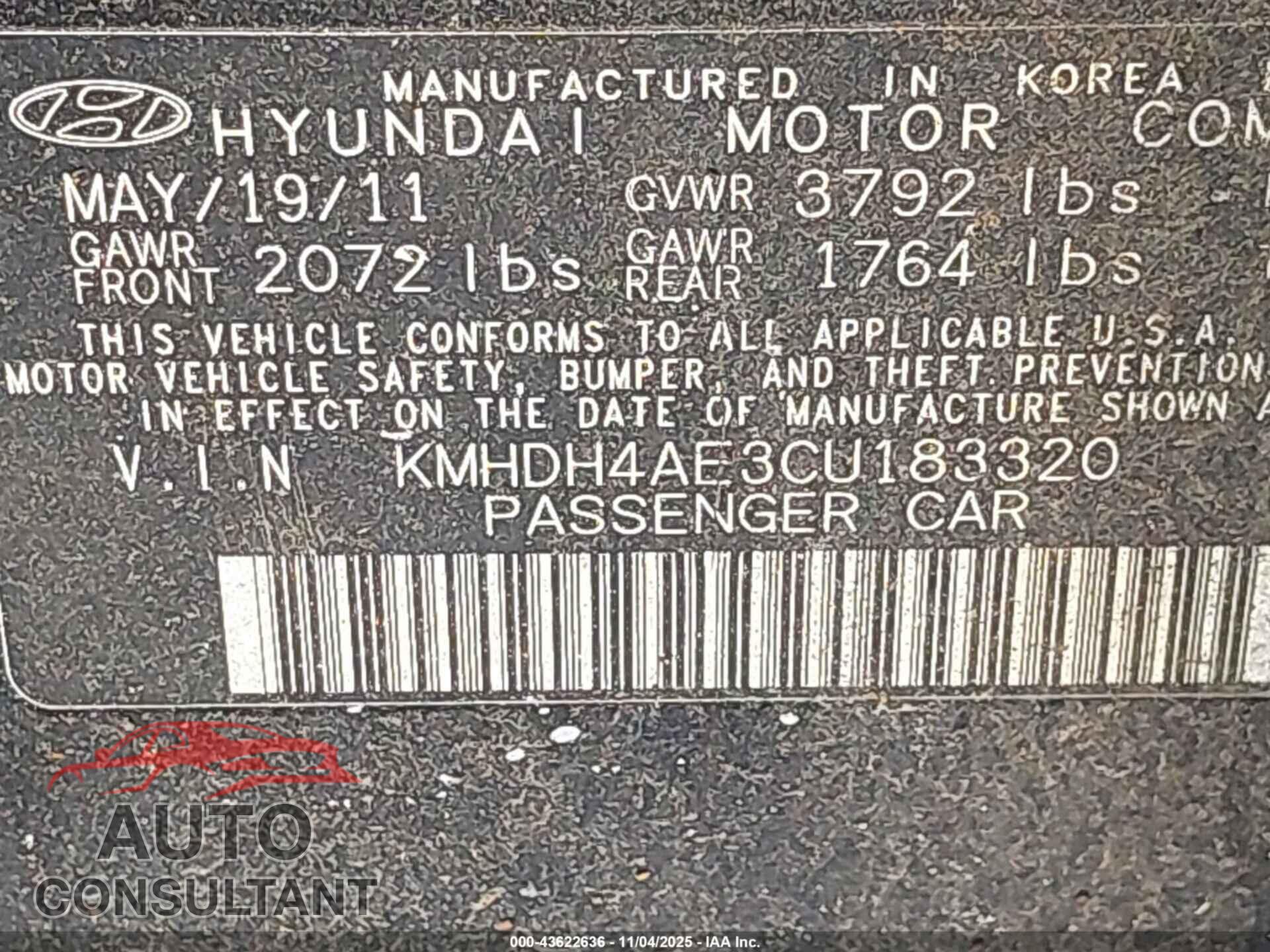 HYUNDAI ELANTRA 2012 - KMHDH4AE3CU183320