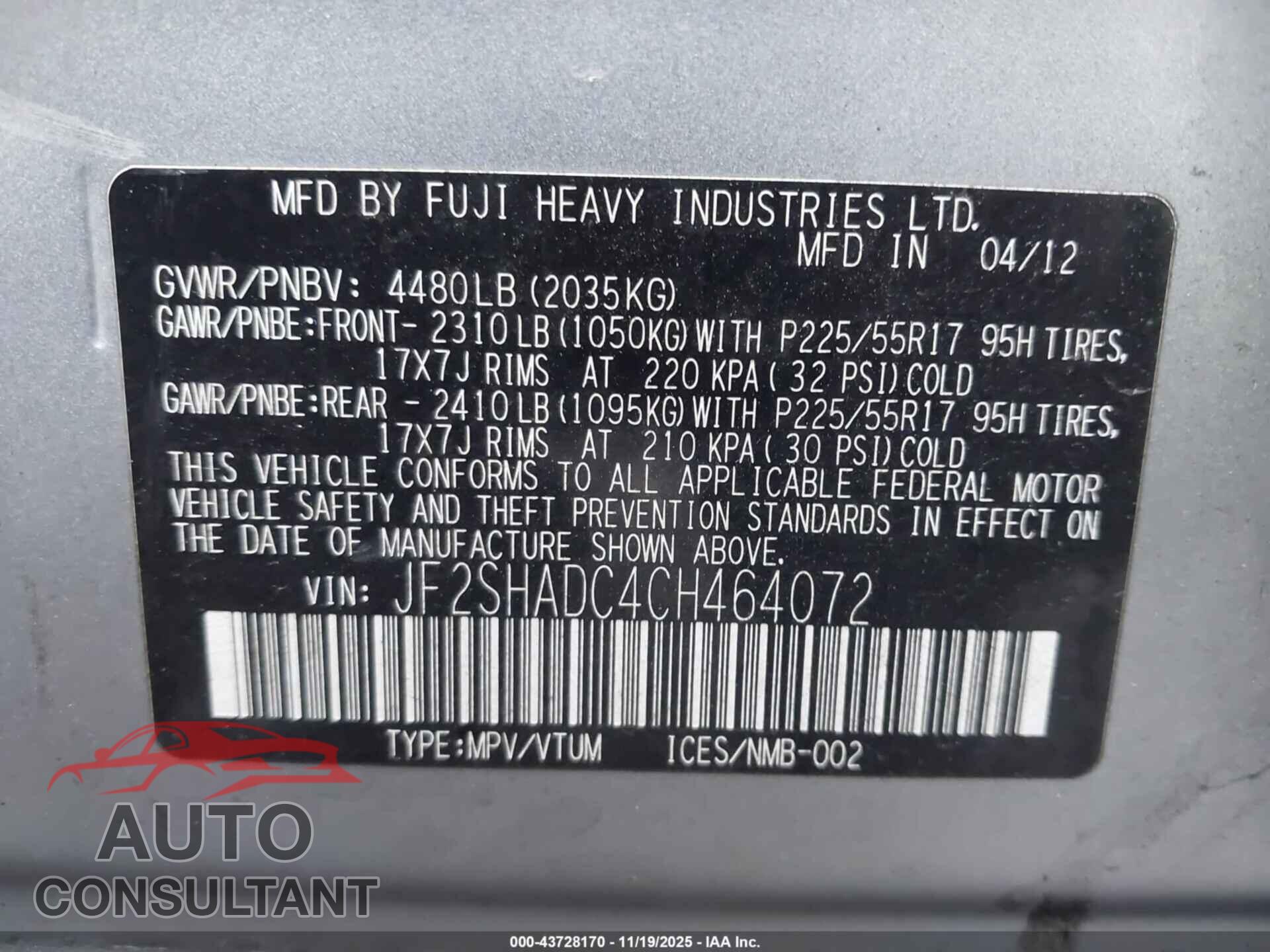 SUBARU FORESTER 2012 - JF2SHADC4CH464072