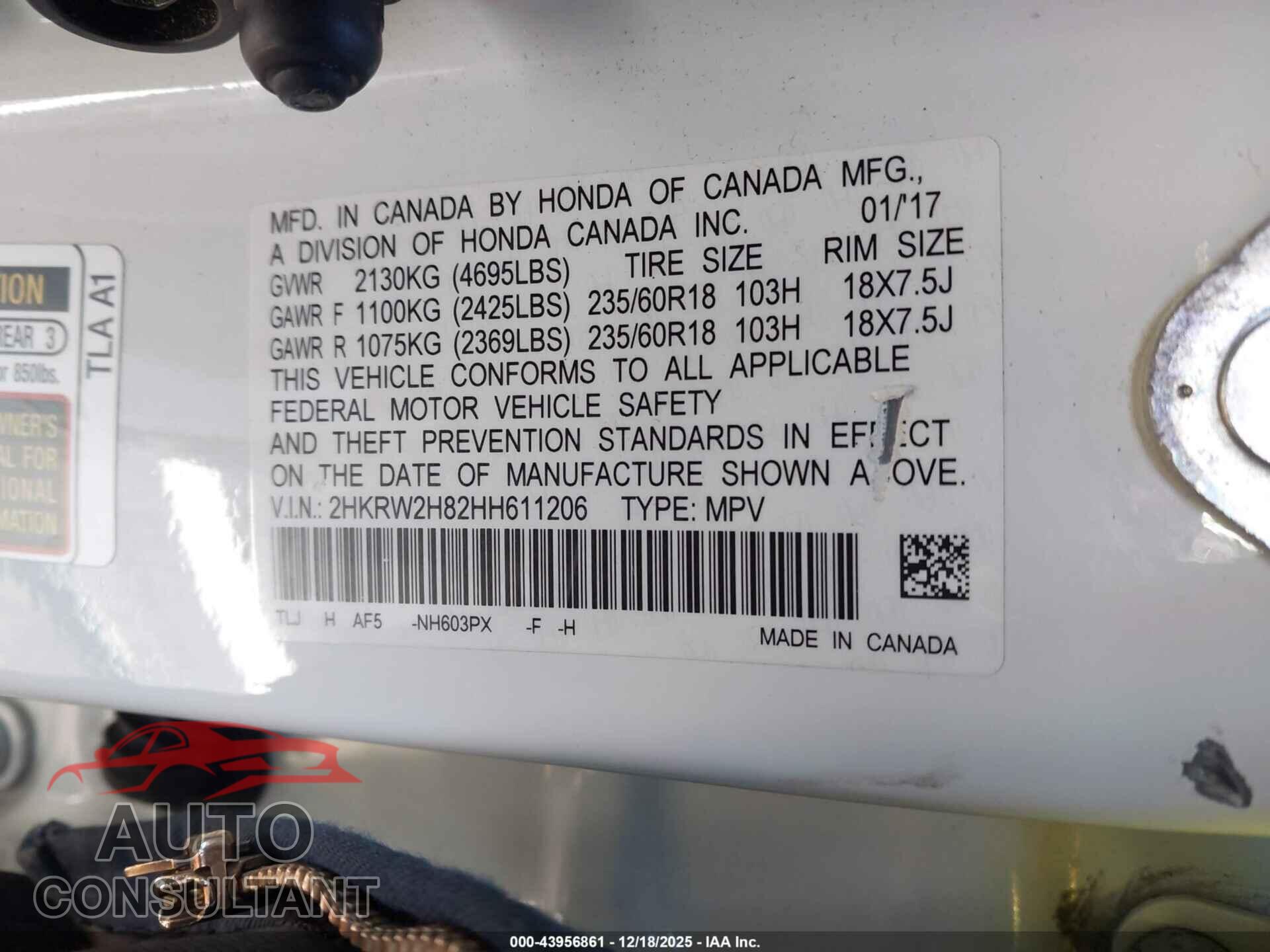 HONDA CR-V 2017 - 2HKRW2H82HH611206