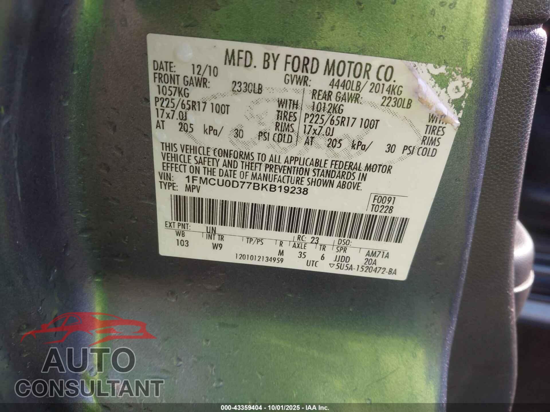 FORD ESCAPE 2011 - 1FMCU0D77BKB19238