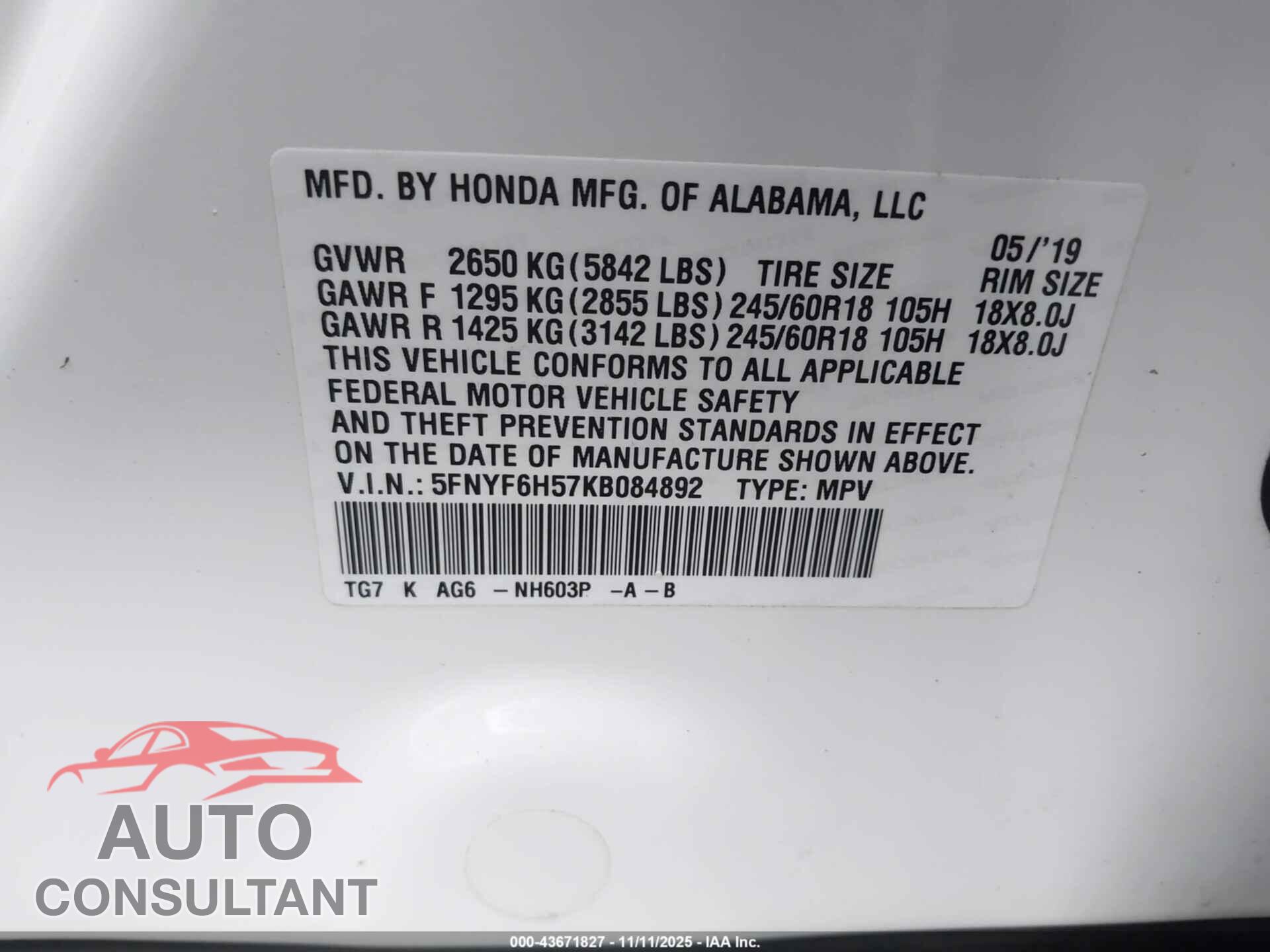 HONDA PILOT 2019 - 5FNYF6H57KB084892