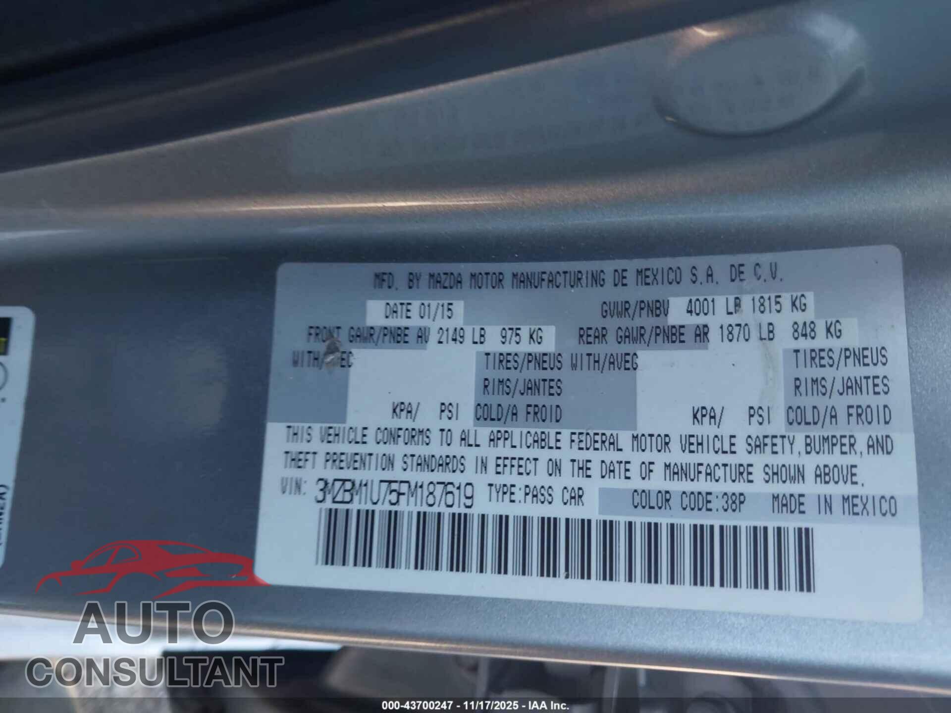 MAZDA MAZDA3 2015 - 3MZBM1U75FM187619