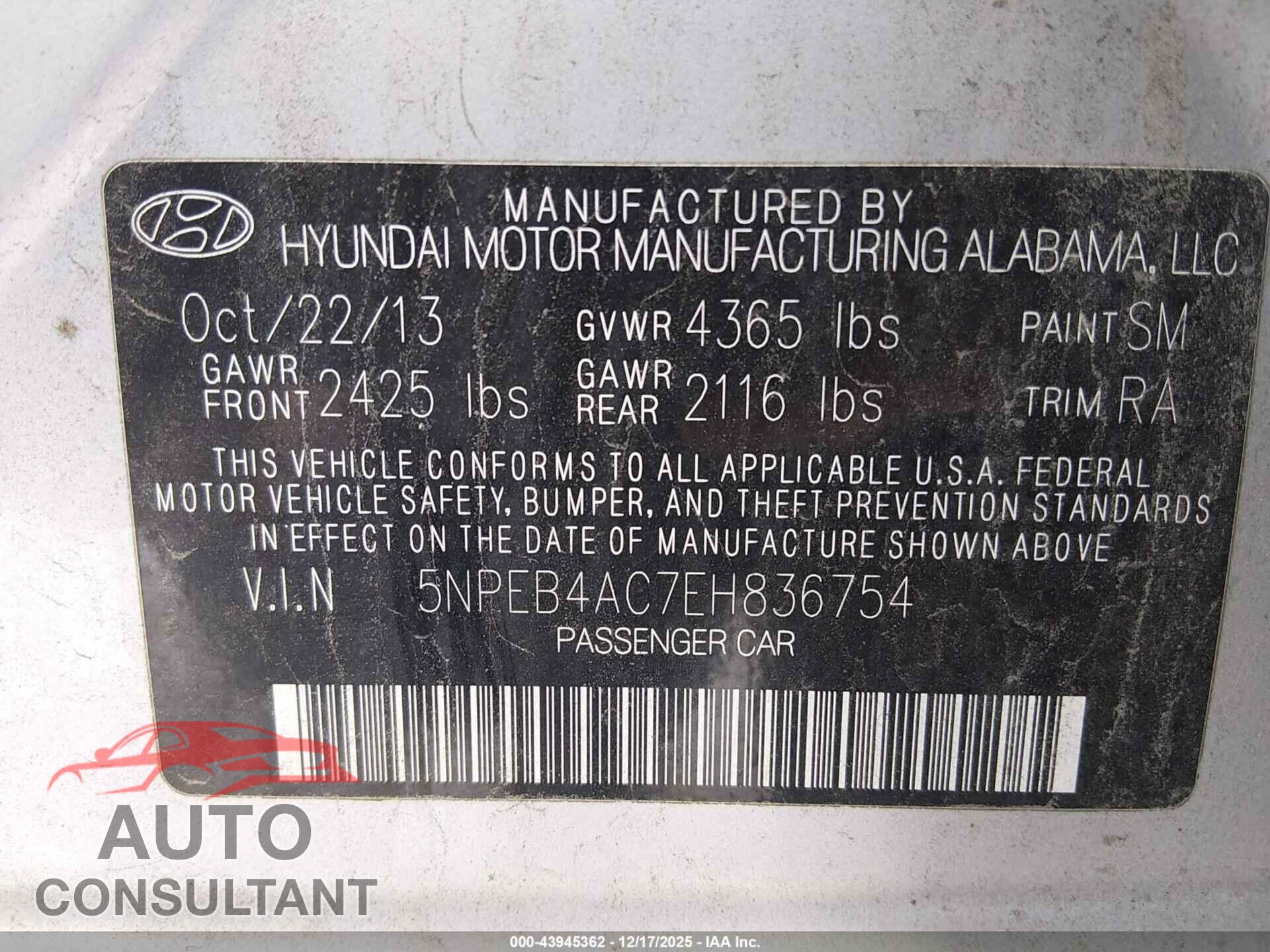 HYUNDAI SONATA 2014 - 5NPEB4AC7EH836754