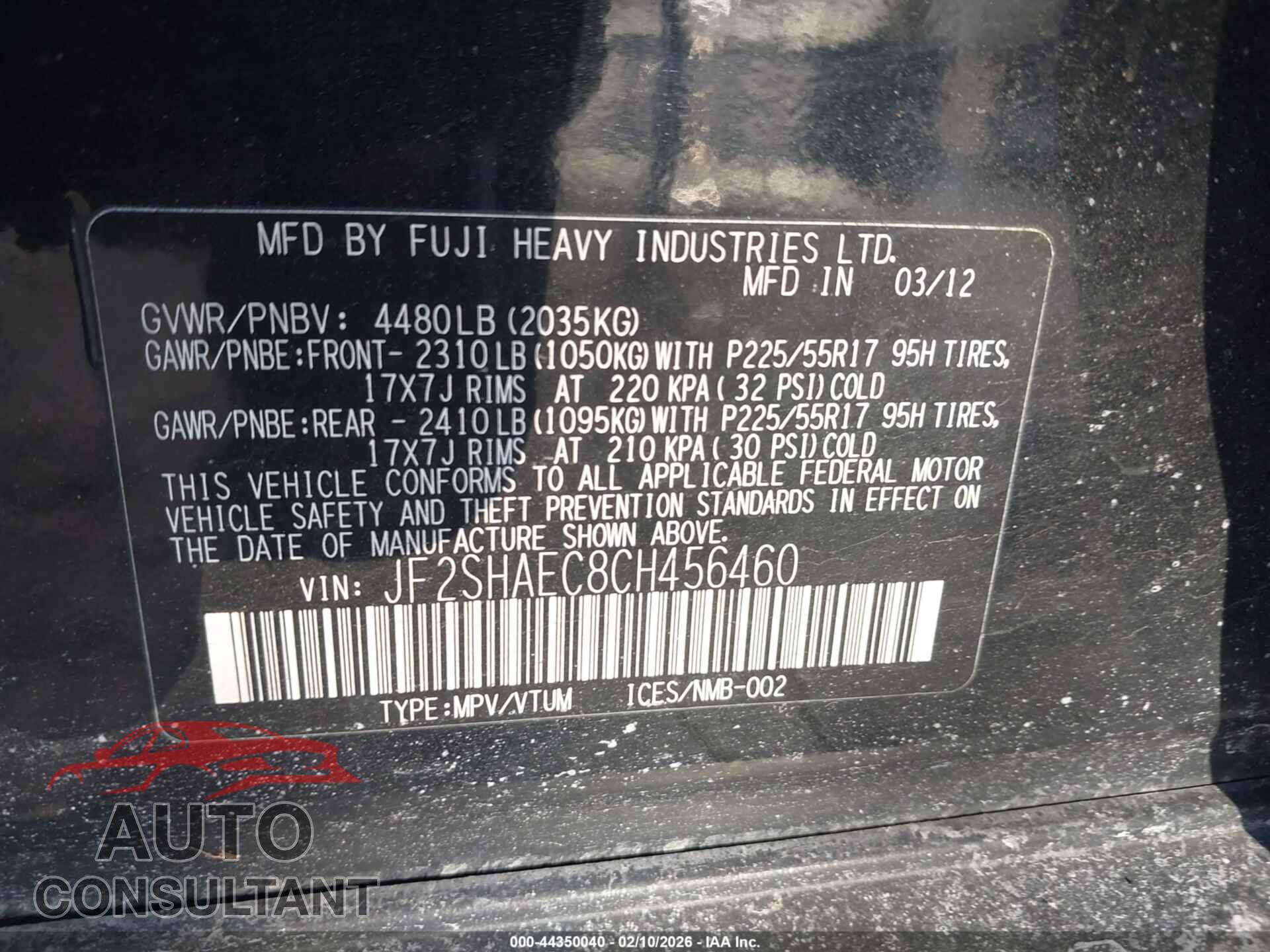 SUBARU FORESTER 2012 - JF2SHAEC8CH456460