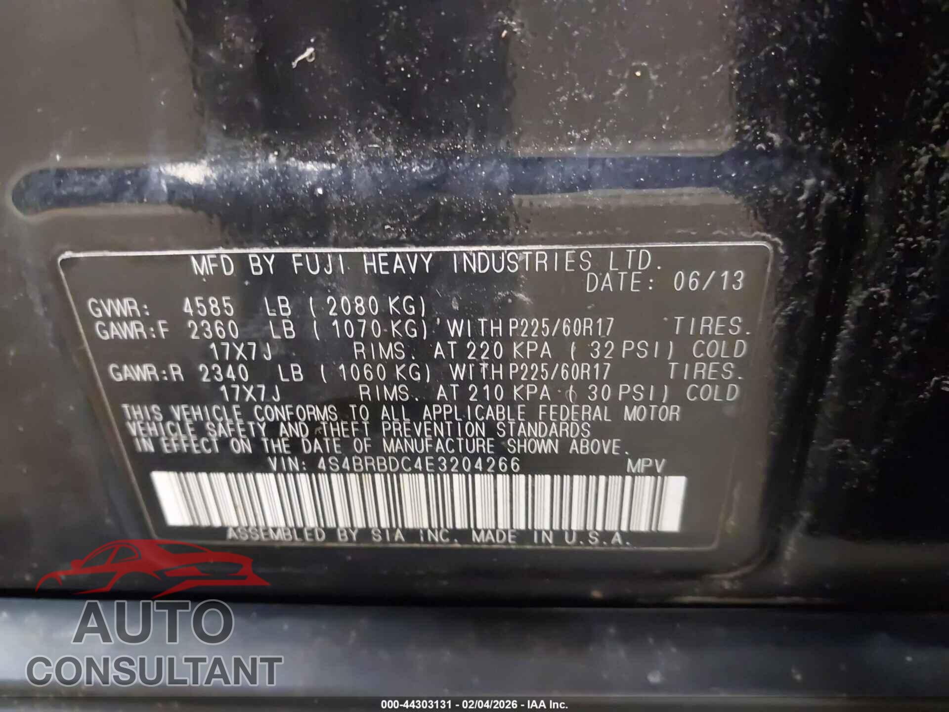 SUBARU OUTBACK 2014 - 4S4BRBDC4E3204266