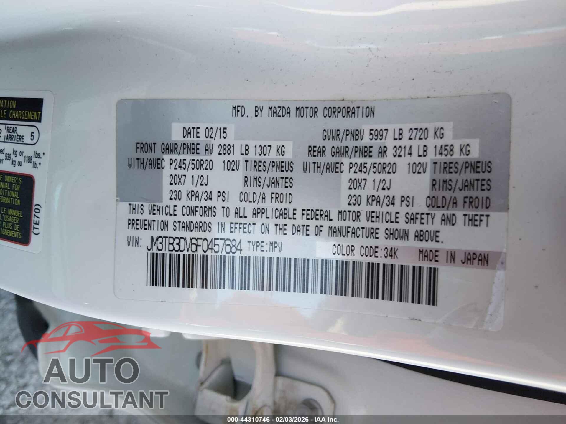 MAZDA CX-9 2015 - JM3TB3DV6F0457684