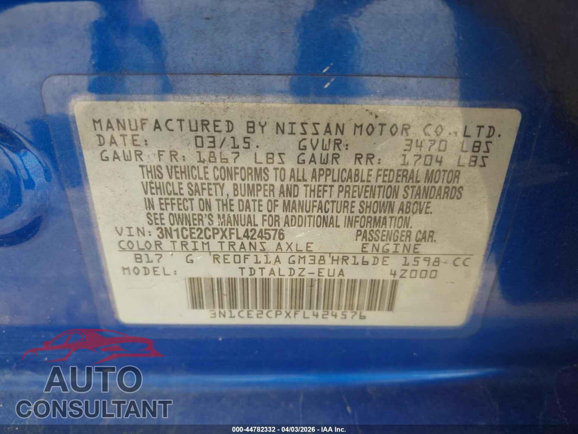 NISSAN VERSA NOTE 2015 - 3N1CE2CPXFL424576