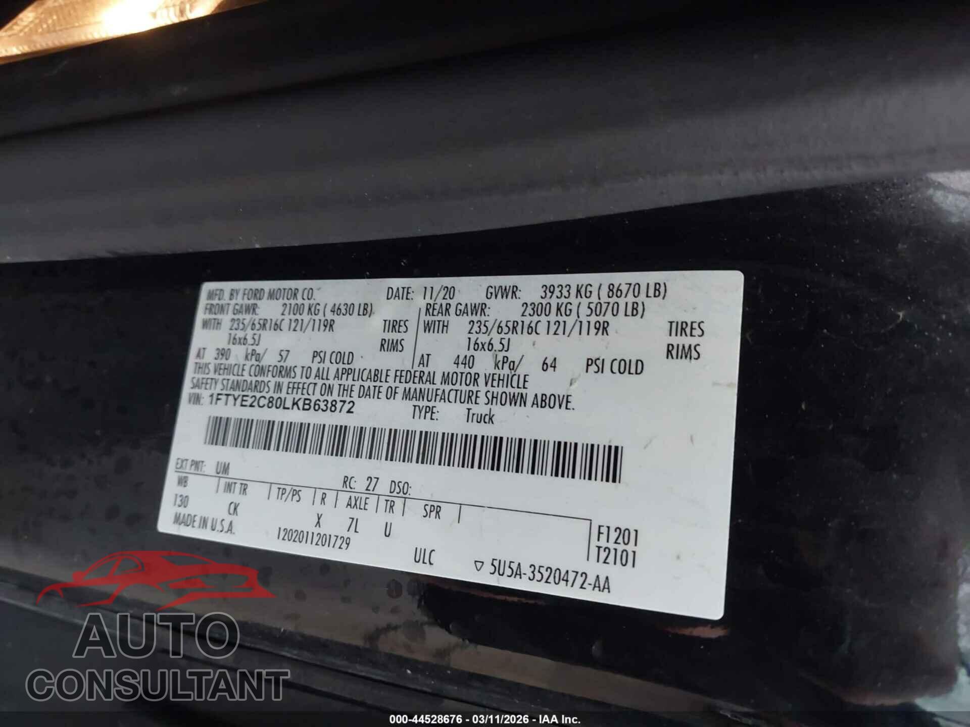 FORD TRANSIT-150 2020 - 1FTYE2C80LKB63872