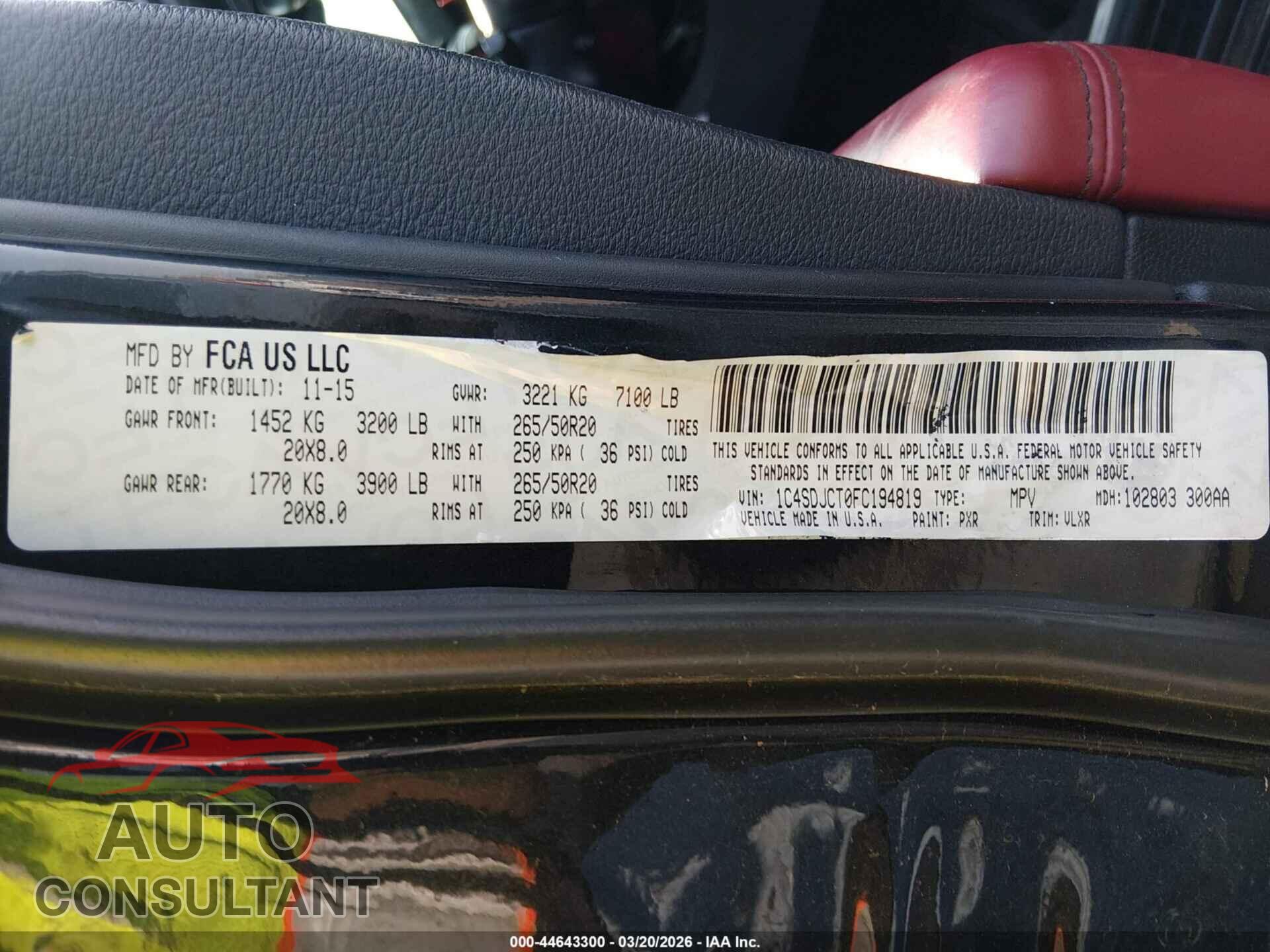 DODGE DURANGO 2015 - 1C4SDJCT0FC194819