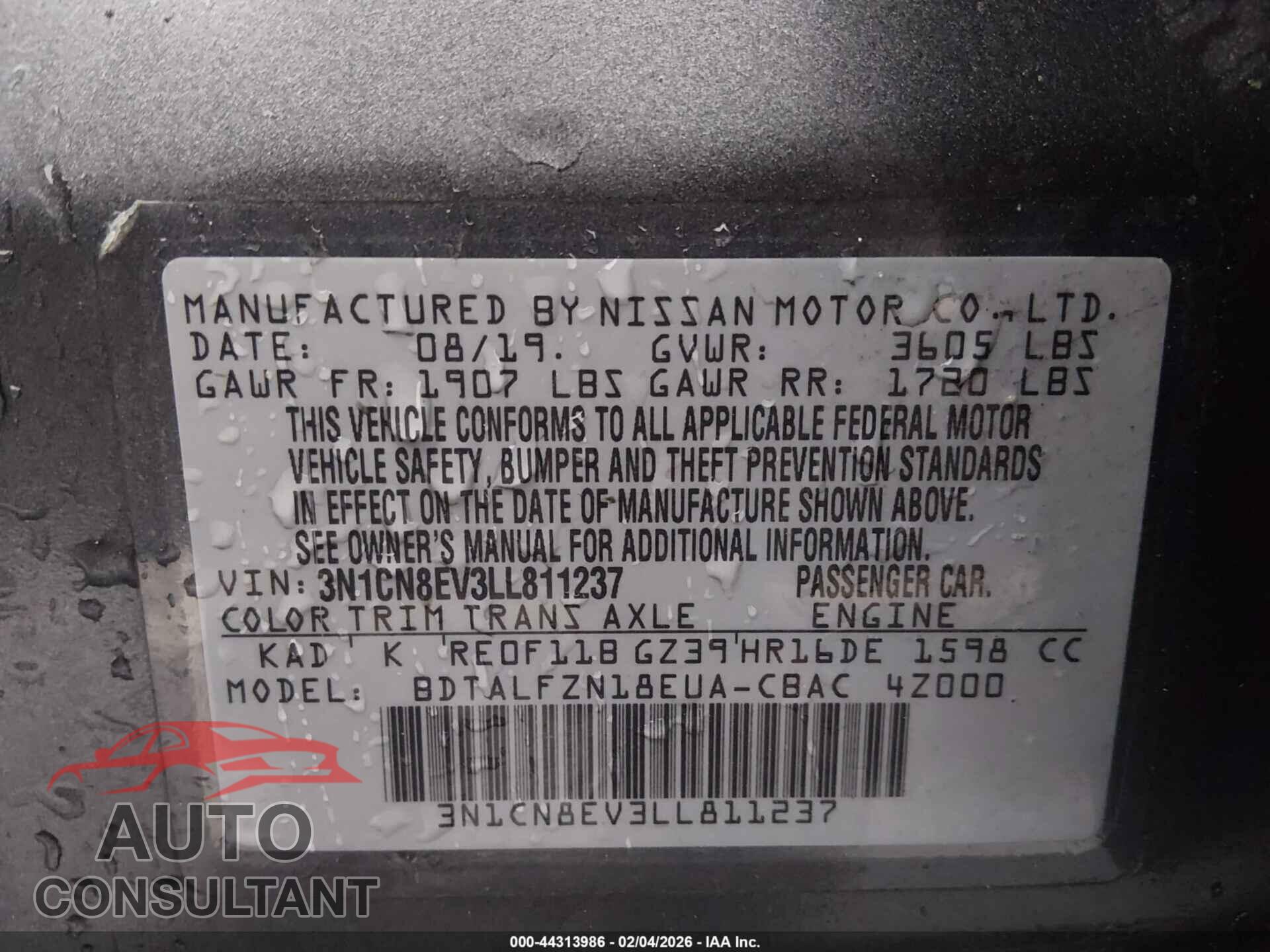NISSAN VERSA 2020 - 3N1CN8EV3LL811237